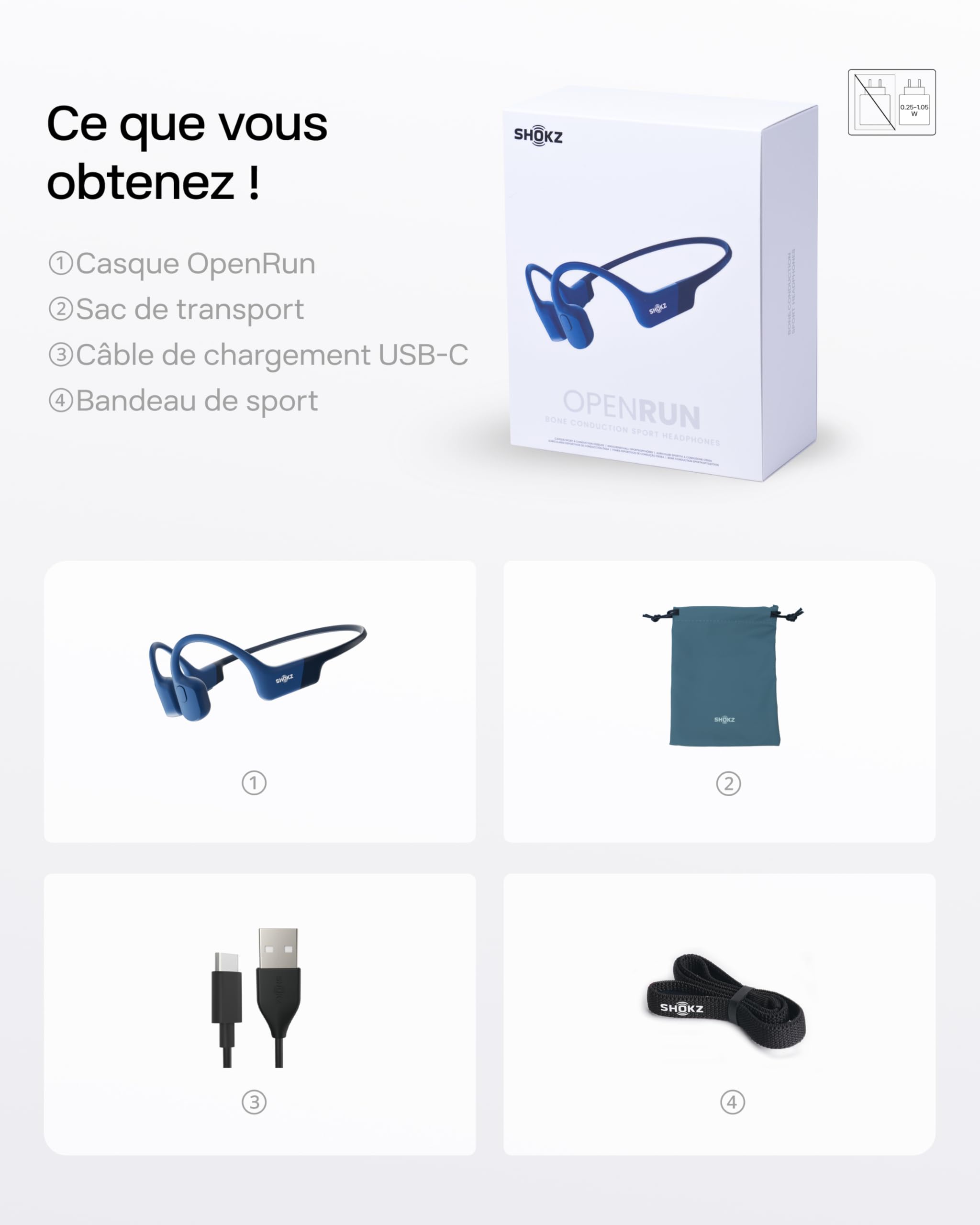 SHOKZ OpenRun Casque à Conduction osseuse, écouteurs Bluetooth Oreilles Libres pour Le Sport avec Micro, Casque sans Fil étanche IP67 8 Heures d’autonomie, USB-C, Bandeau de Sport, Bleu
