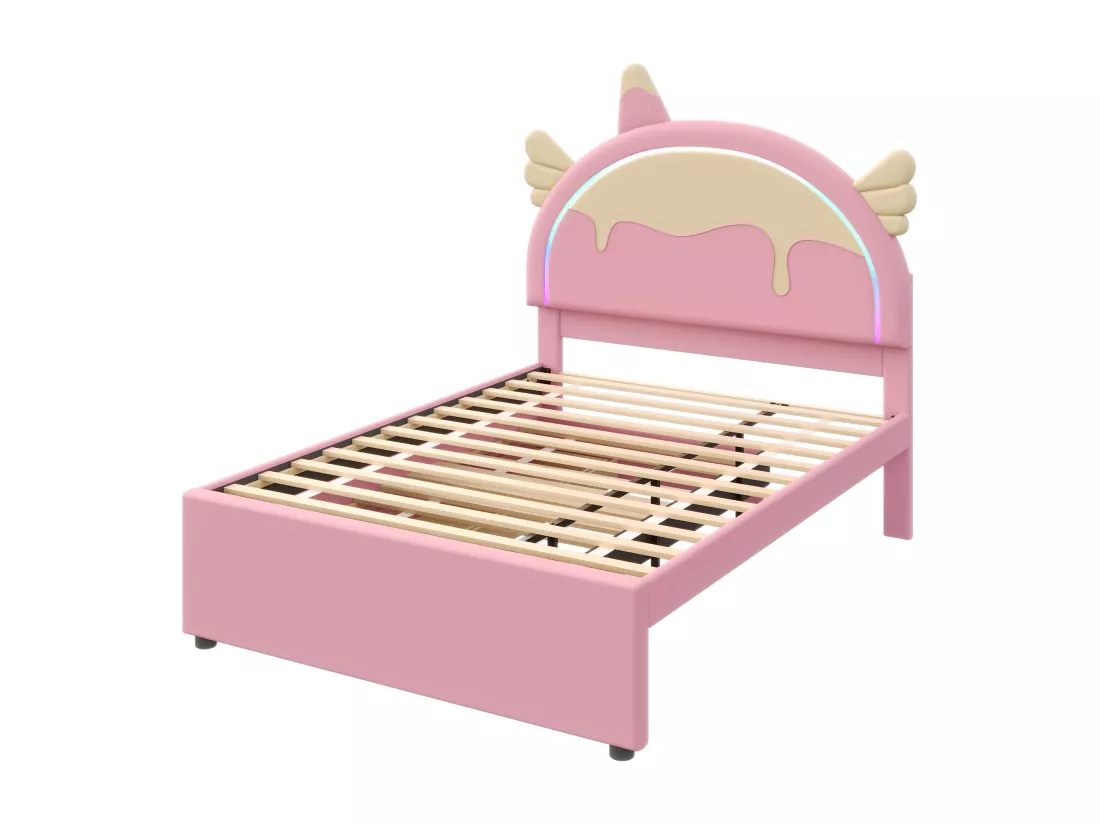 Lit gigogne 140 x 200 cm + 90 x 190 cm avec 3 tiroirs - Tête de lit en forme licorne - Similicuir - Rose