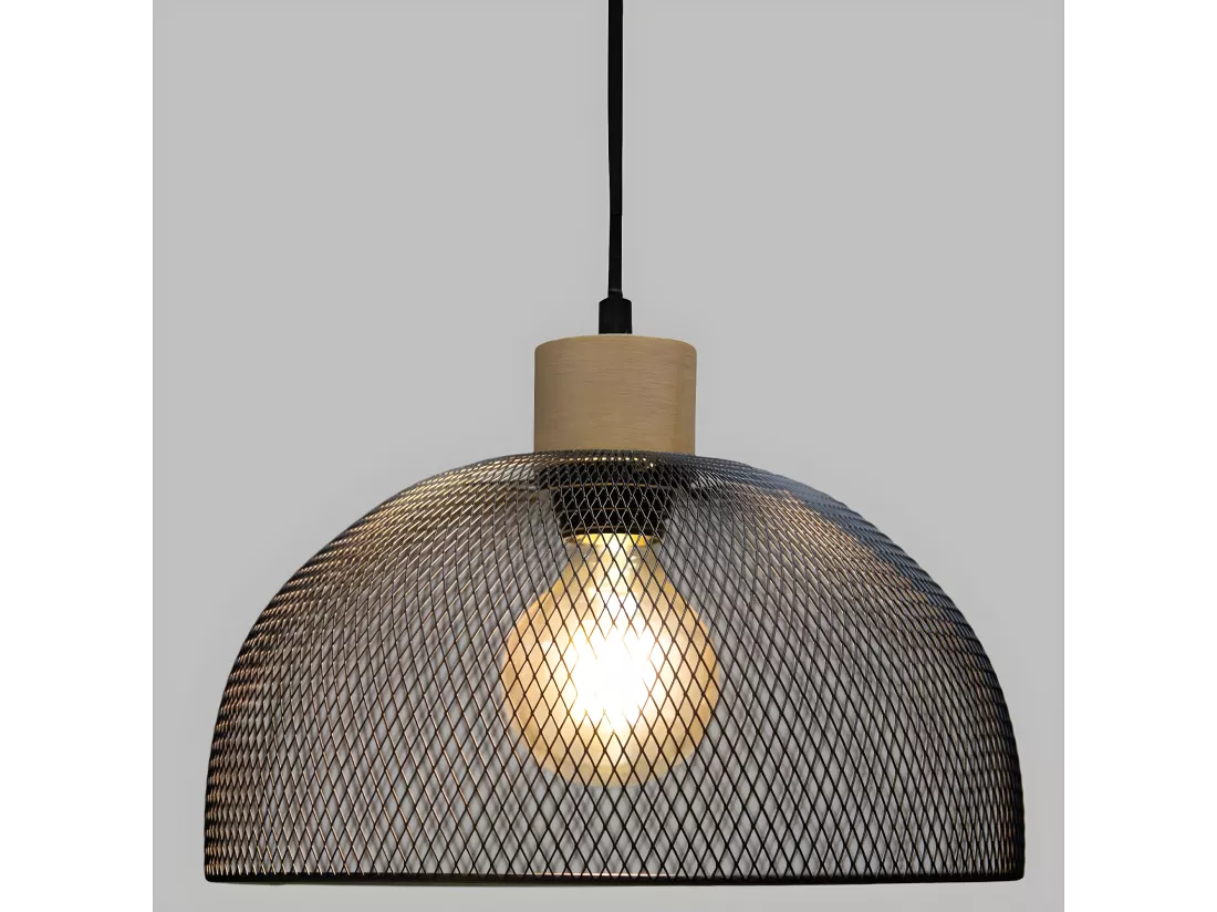 Luminaire Suspension en Métal Noir et Bois D 30 cm