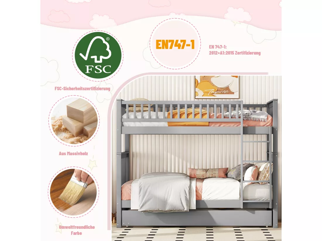 Lits superposés 2 x 90 x 200 cm + lit gigogne 90 x 190 cm - Bois MDF - Gris - ANTHONY