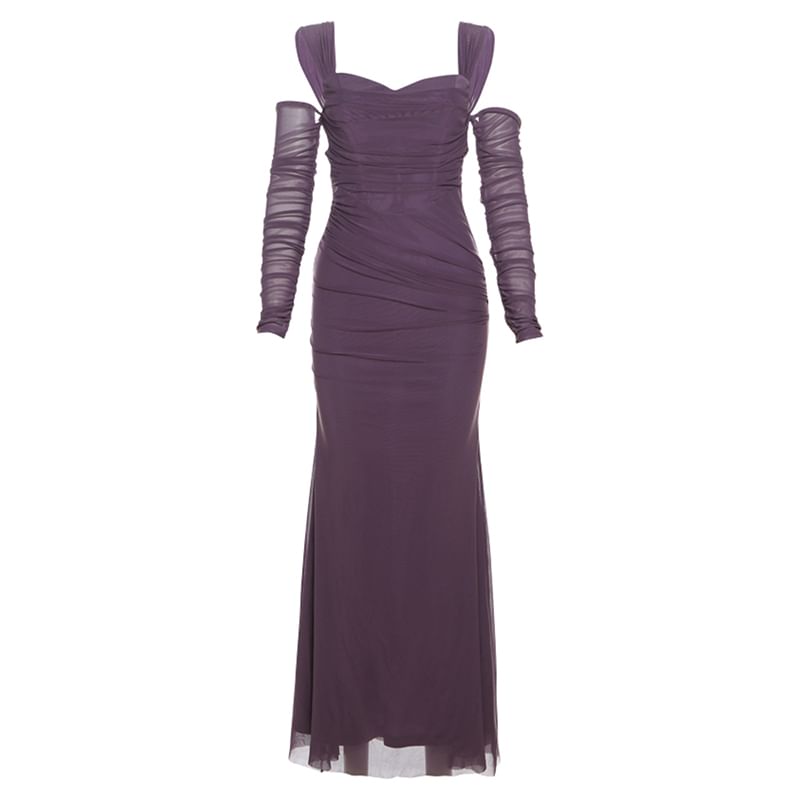 Bababy - Lange mouw off-shoulder maxi-jurk met effen kleur