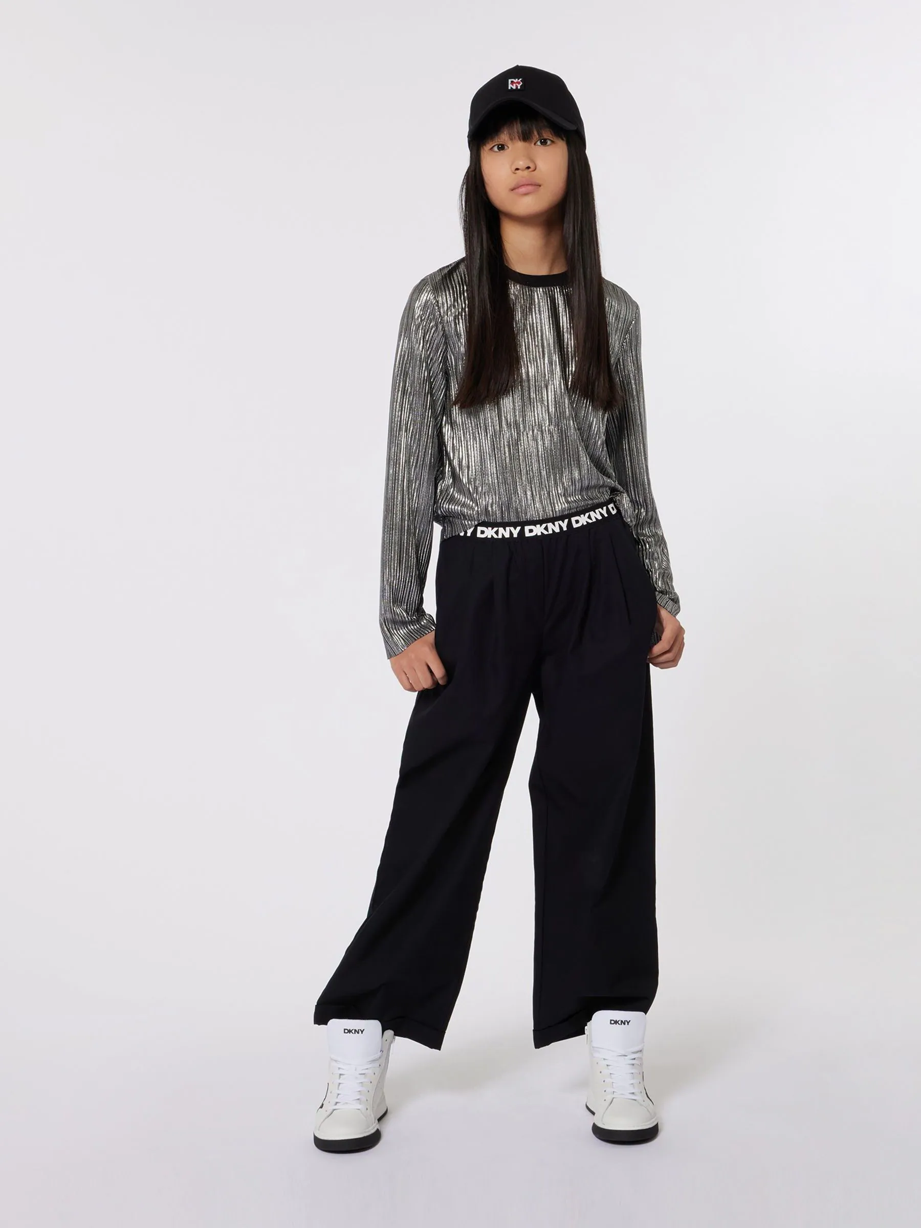 DKNY Silver Metalic Plisse Long Sleeve Top