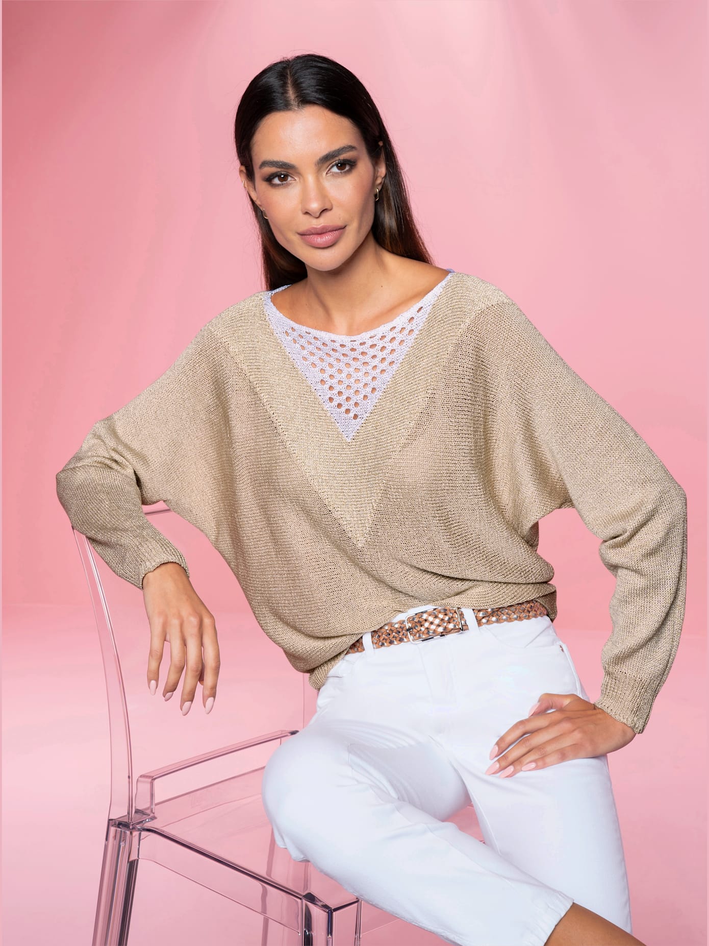 Pull fil brillant couleur or