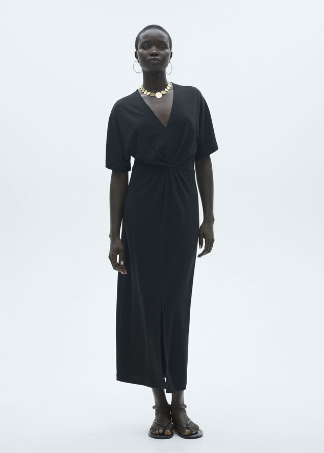 MANGO Short sleeve draped dress Black
