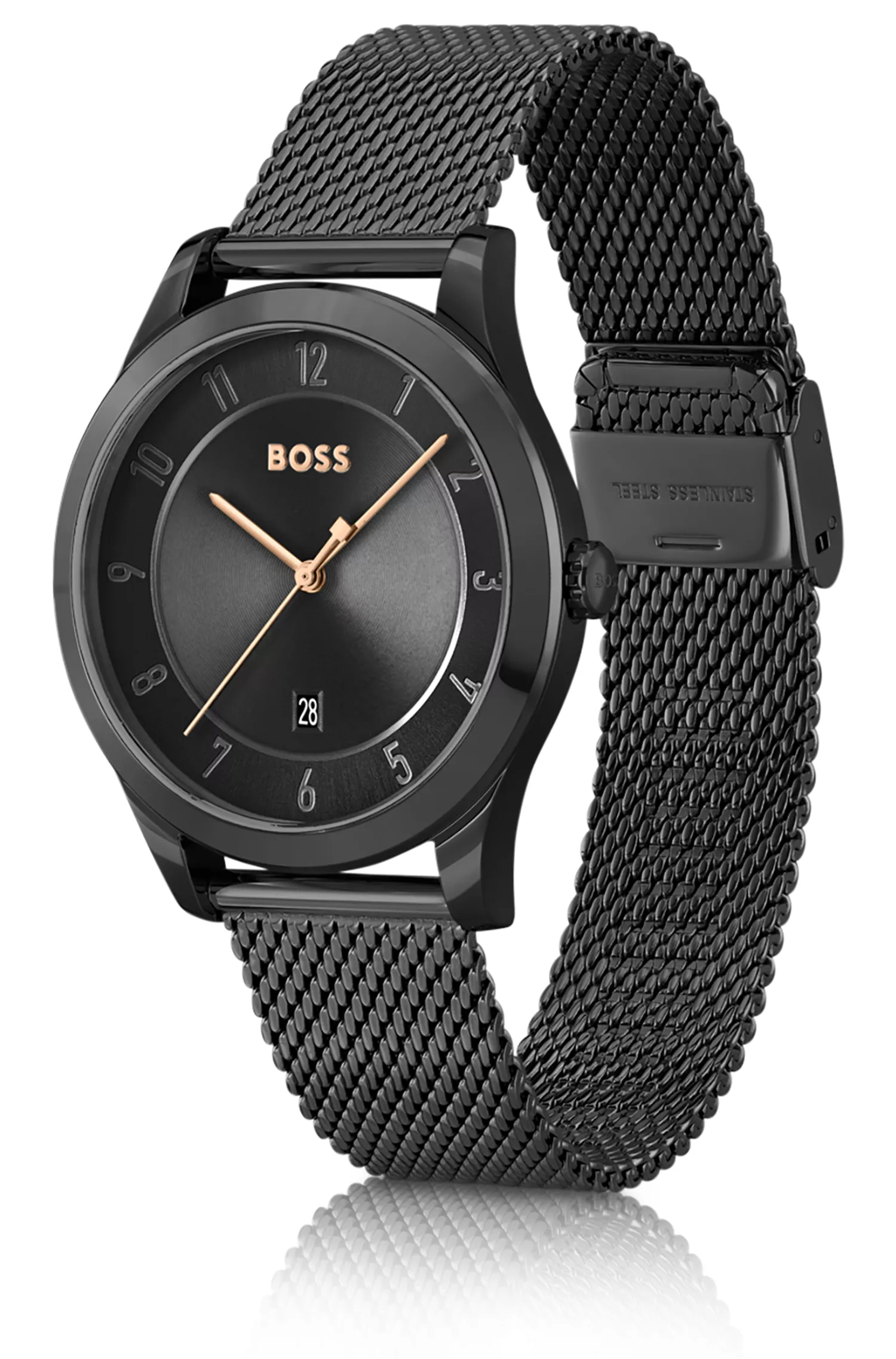 Relógio BOSS preto com revestimento preto e pulseira de malha.