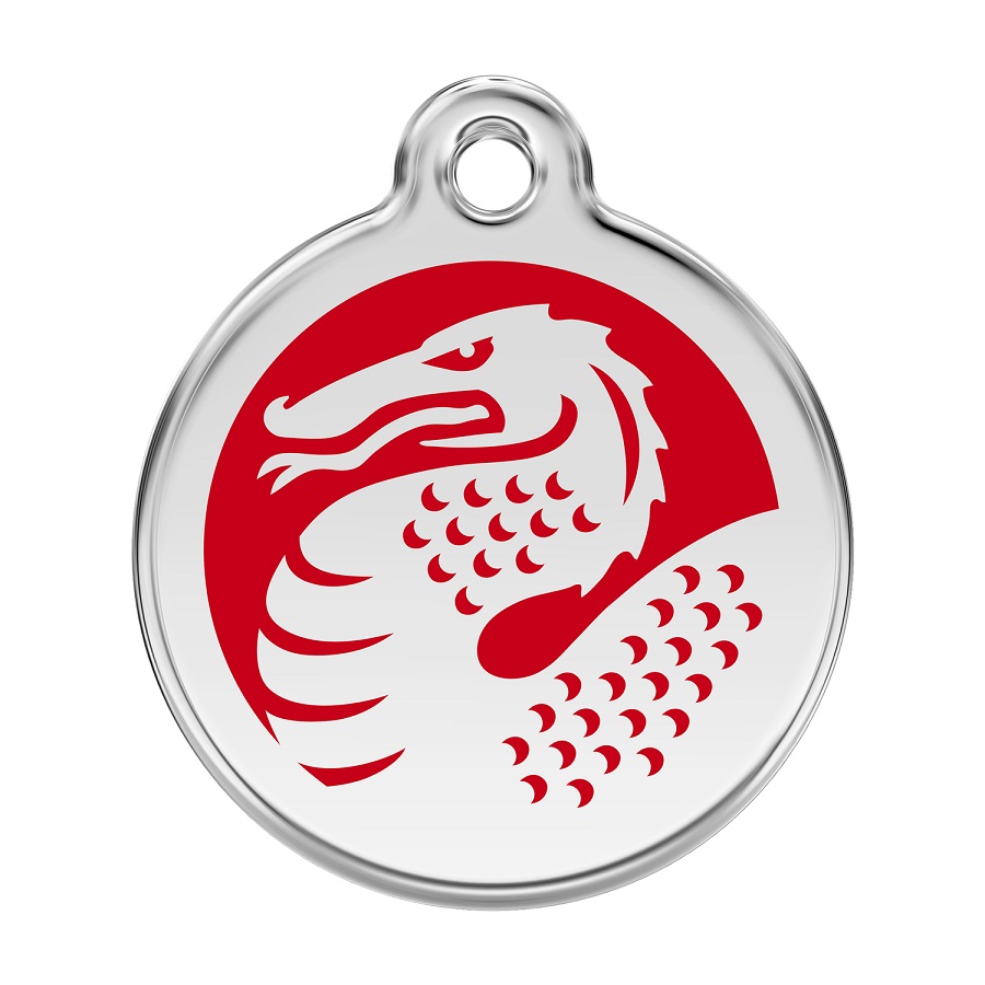 Placa de identificação para cães em aço inoxidável esmaltado com dragão vermelho