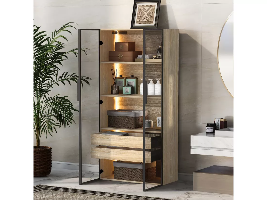 Meuble de salle de bain avec LEDs - 74 x 36 x 155 cm - 2 grands tiroirs et 2 portes vitrées - bois MDF - naturel