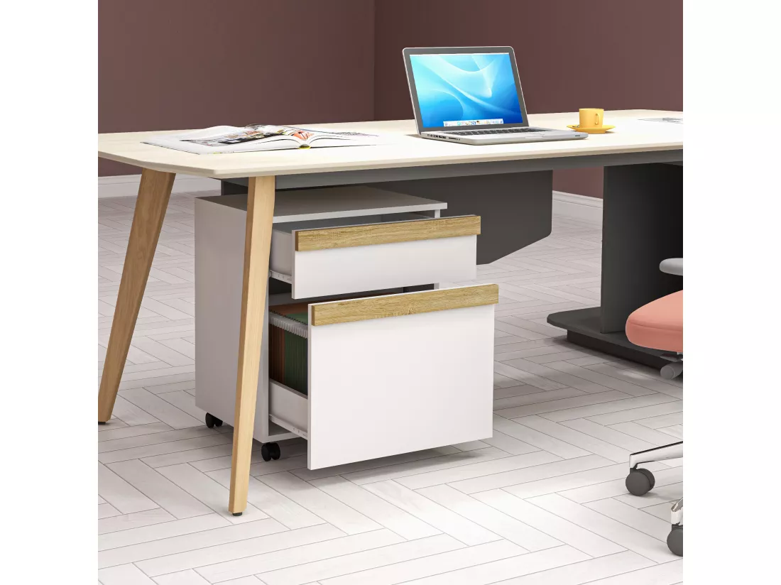 Caisson de bureau rangement bureau sur roulettes tiroir coulissant et tiroir dossiers suspendus blanc aspect chêne clair