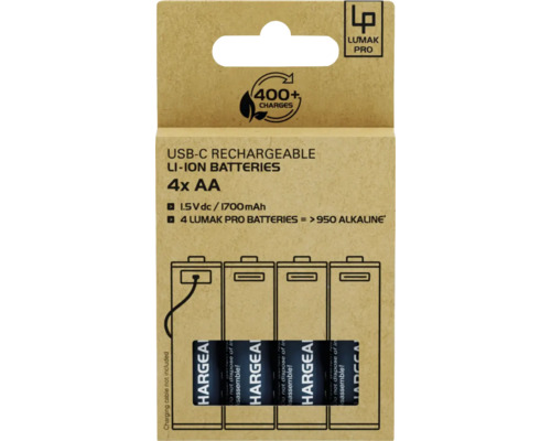 LUMAK PRO AA Mignon 1.5V 1700 mAh Li-ion oplaadbare batterijen, 4-pack, USB-C