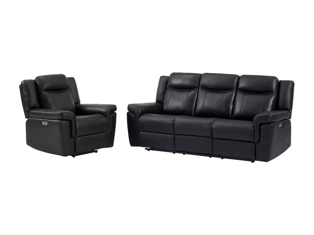 Canapé 3 places et un fauteuil relax électrique en cuir KENNETH - Noir