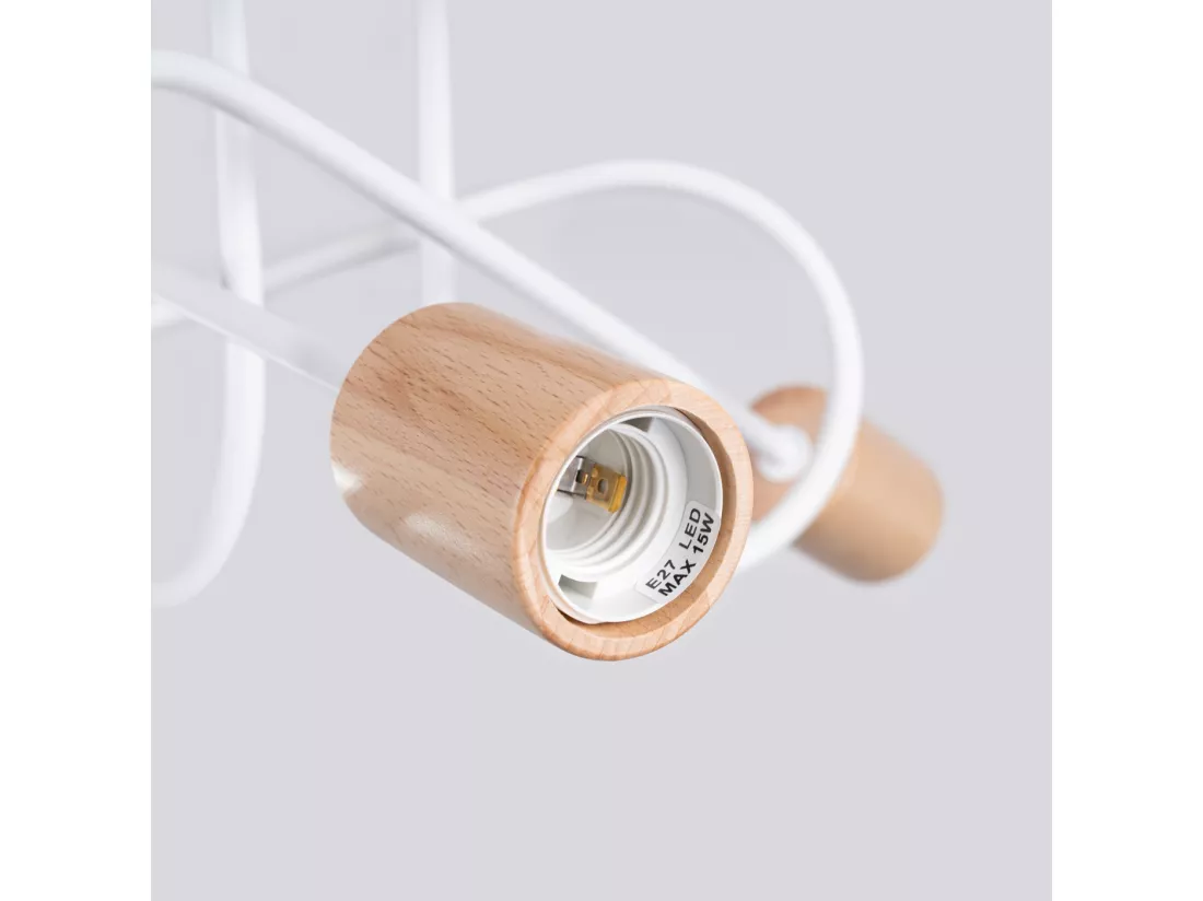 Lustre Ember minimaliste en acier/bois - 3 sources lumineuses - L.14 x H.26 cm - blanc/bois naturel