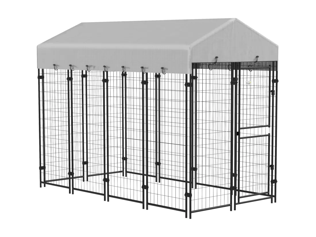 Chenil extérieur chien - cage chien - enclos chien - toile toit imperméable anti-UV, 2 portes verrouillables - acier noir PE gris