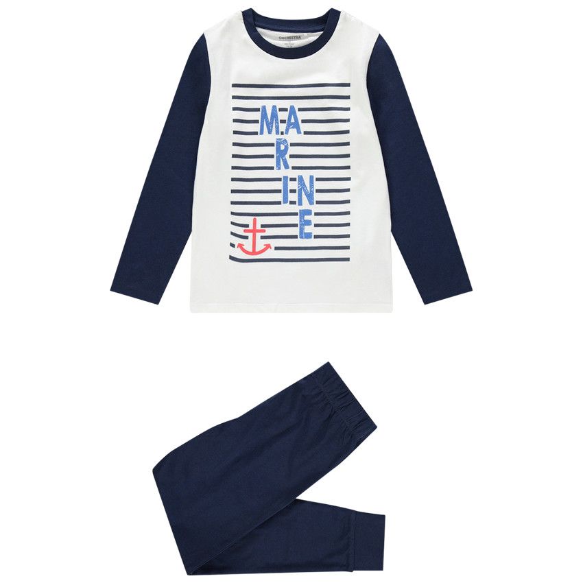 Pyjama en coton bio à rayures et texte - Bleu marine