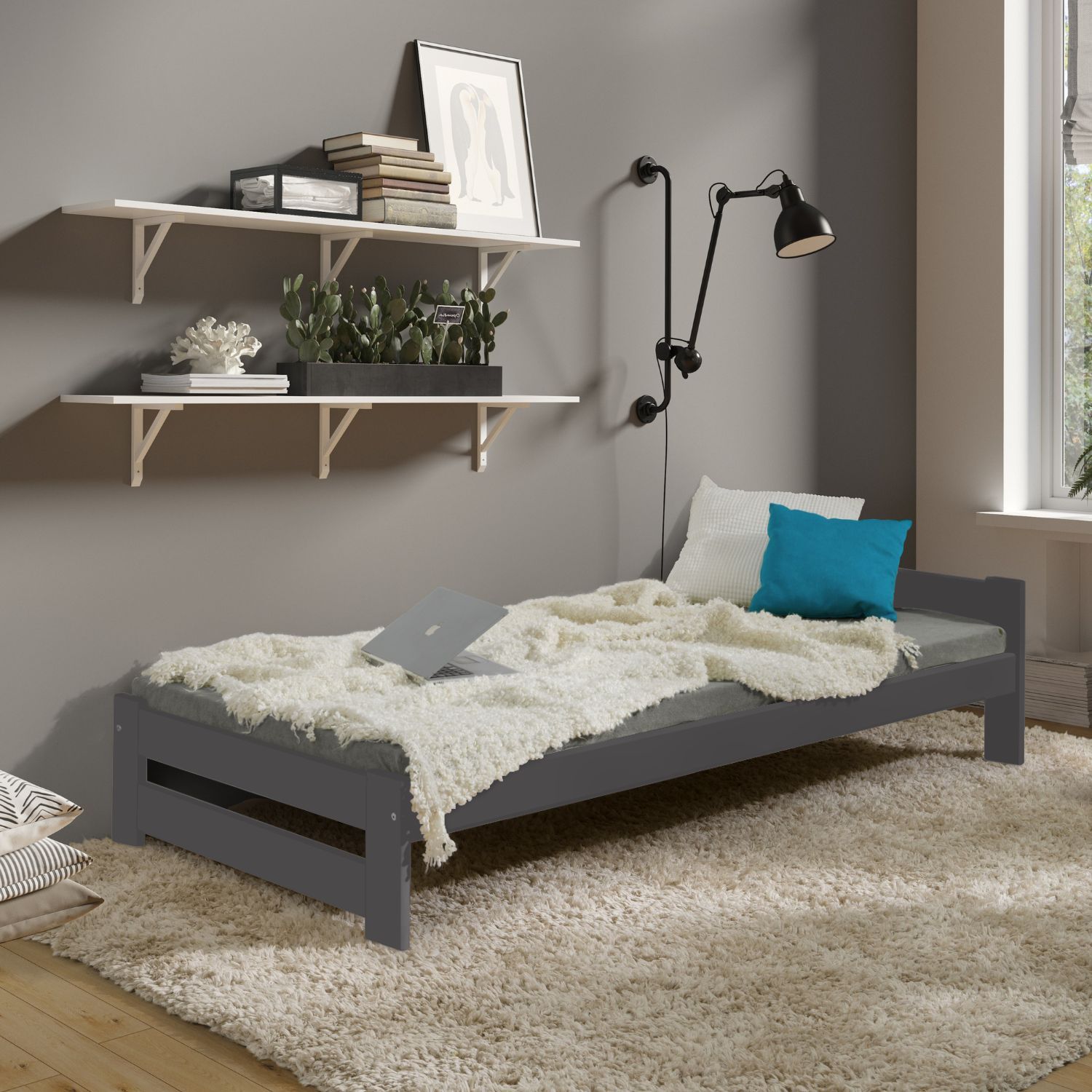 Coemo Bett Classico Holzbett Bettgestell Lattenrost Massivholz Kiefer 90x200cm anthrazit