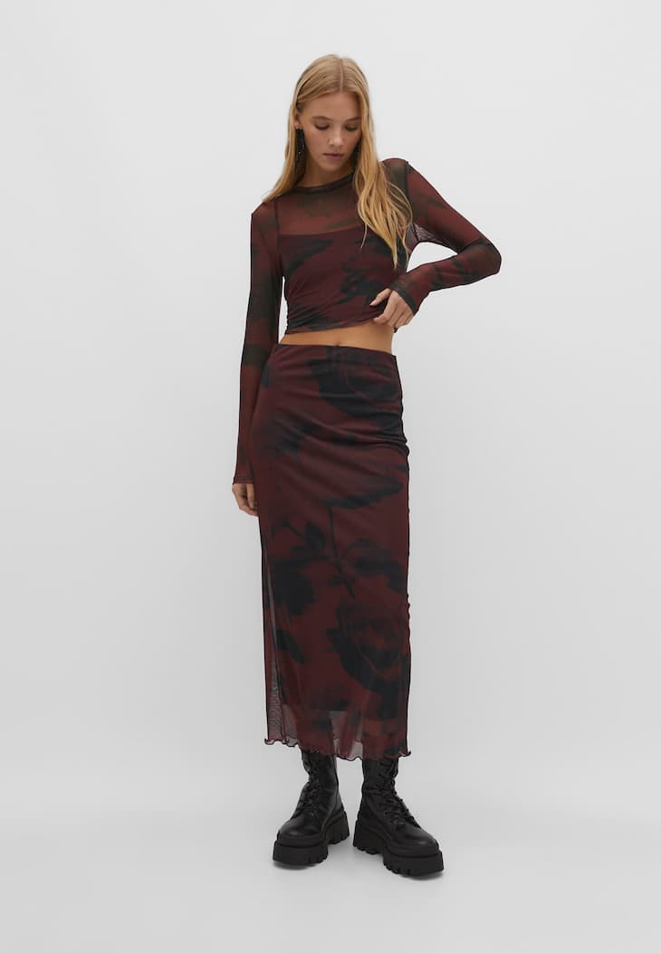 Saia midi de tule estampada