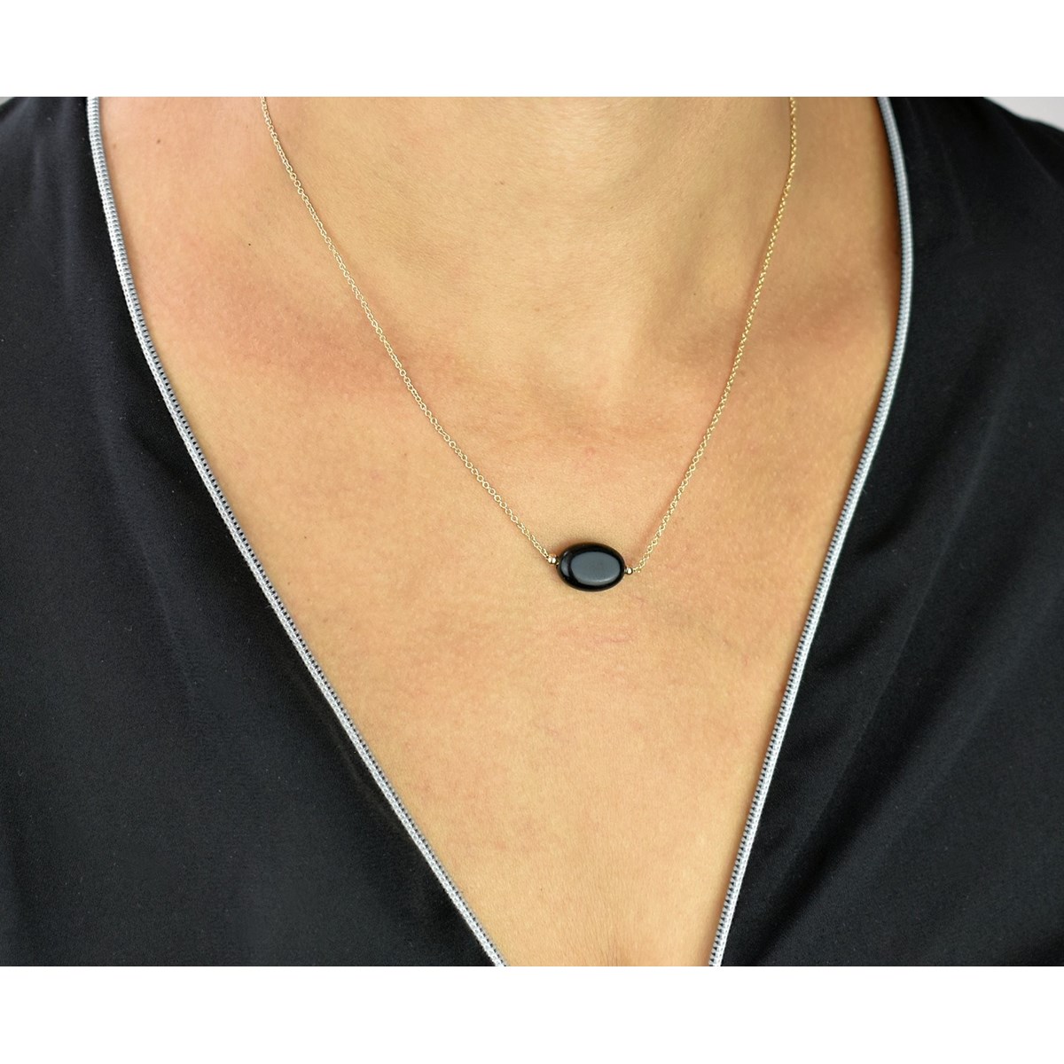 Collier agate pierre naturelle noire ovale Plaqué OR 750 3 microns