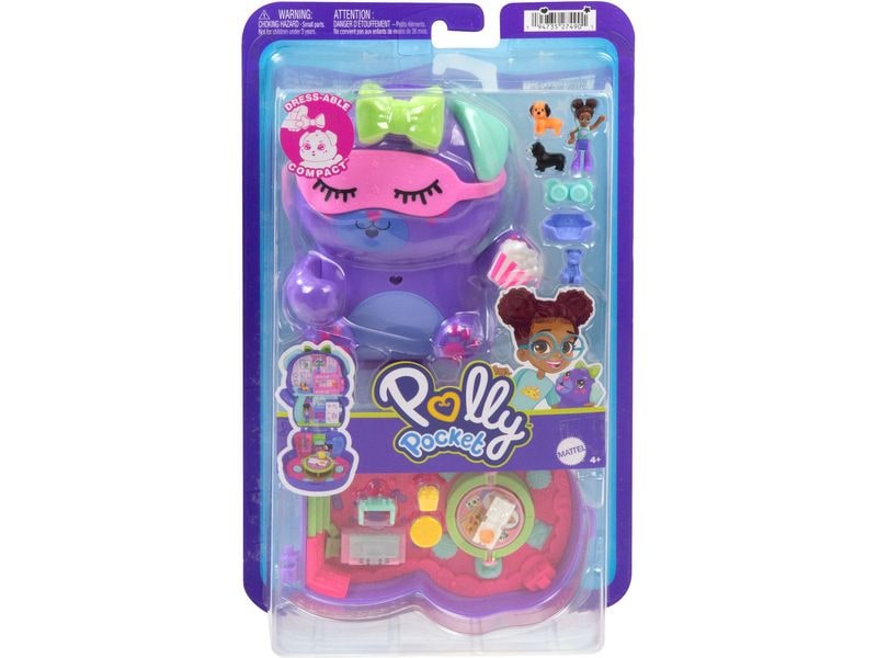 Polly Pocket Spielset Party-Welpe Schatulle Spielzeug für unterwegs mit Zubehör für Mode und Essen