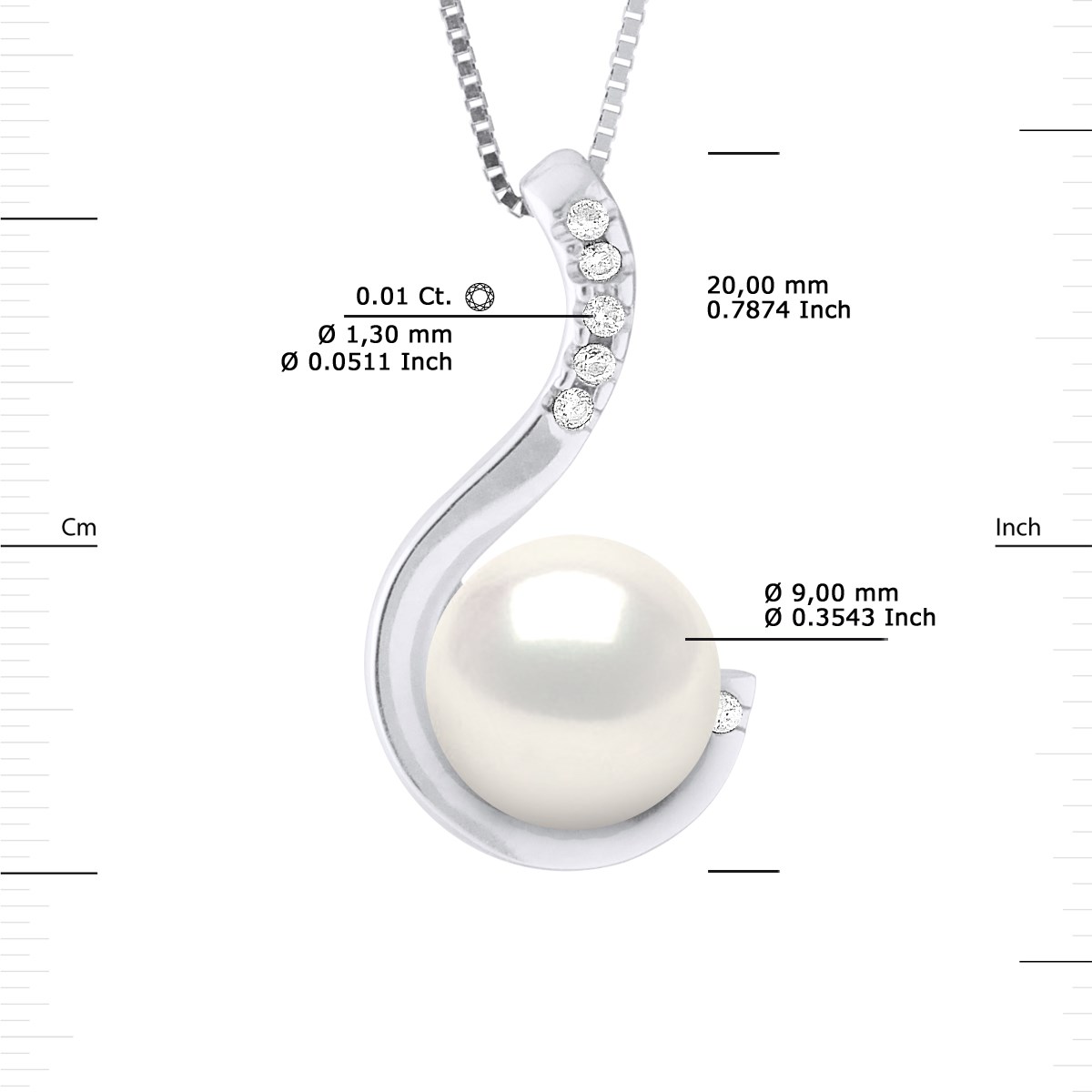 Pendentif Joaillerie 0,06 Cts - Véritable Perle de Culture d'Eau Douce - Blanc Naturel - Ronde 9-10 mm - Or Blanc