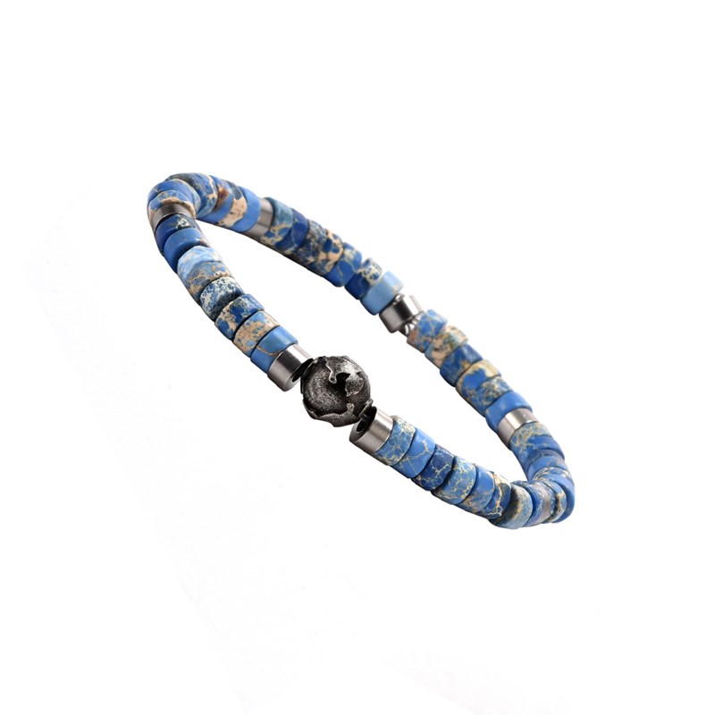 Bracelet Perles Heishi Pierres Naturelles Jaspe Impérial Bleu Planète Acier-XS-14cm