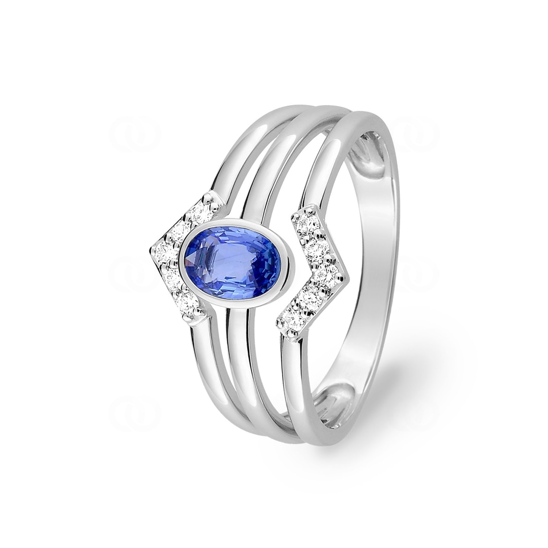 Damenring 750/18 K Weissgold mit Saphir oval & Diamanten 0.13ct.