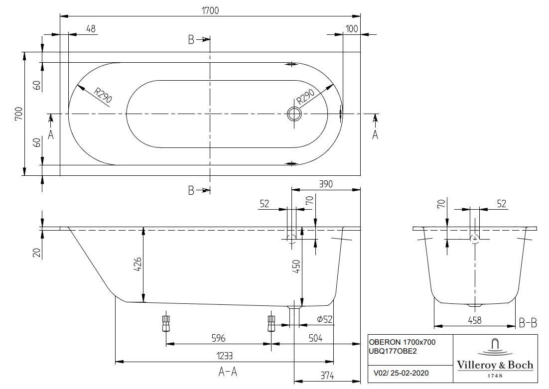 Villeroy & Boch Oberon inbouw ligbad 170x70cm wit mat
