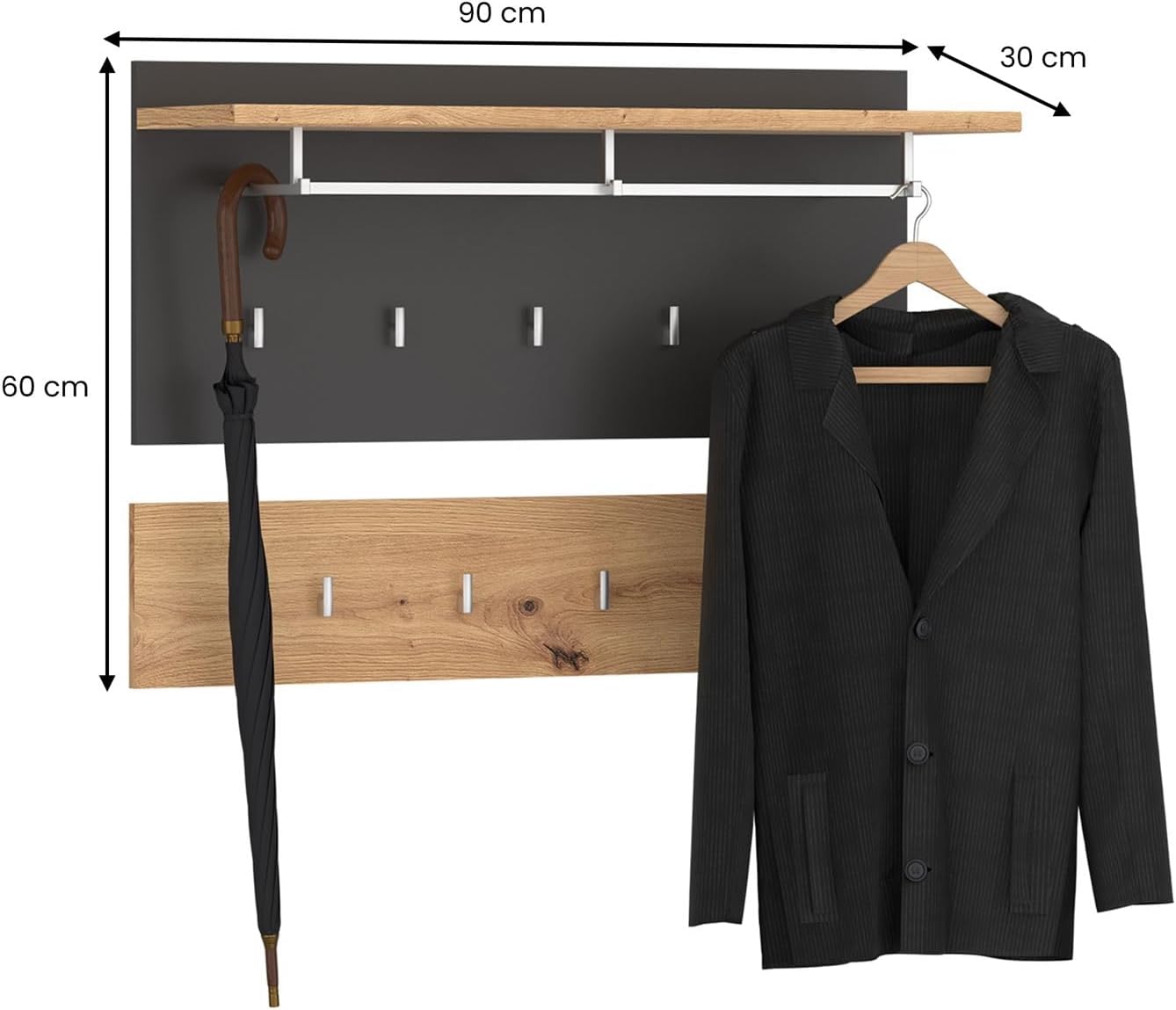 IDIMEX Wandgarderobe BILBAO 2-teilig, Artisan Eiche/Kosmos Grau, bietet neun Kleiderhaken, eine Kleiderstange und eine Hutablage. Weitere Features: Garderobenpaneel, Flurgarderobe, Garderobenset