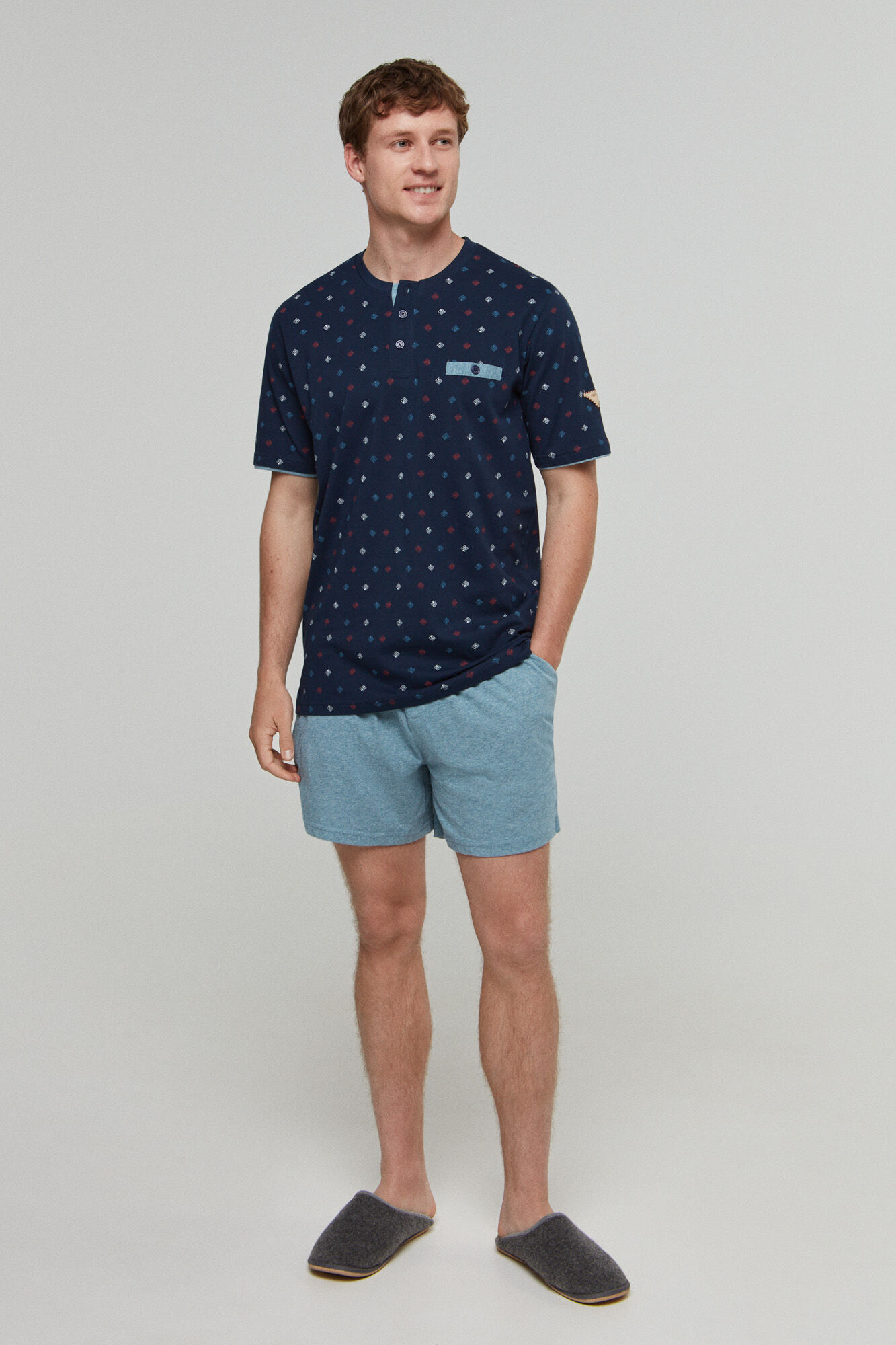 Pijama de malha estampada e flexível - Azul marinho