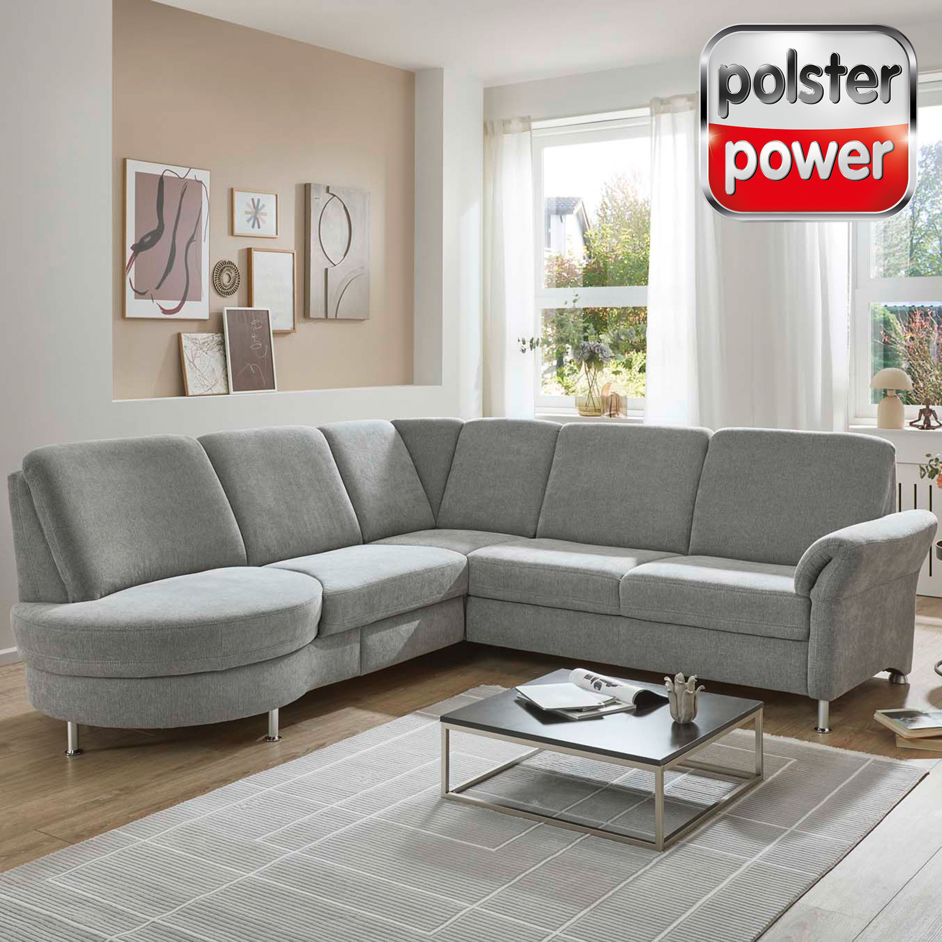 polsterpower Ecksofa - silver - Basismodell - Rondellabschluss links