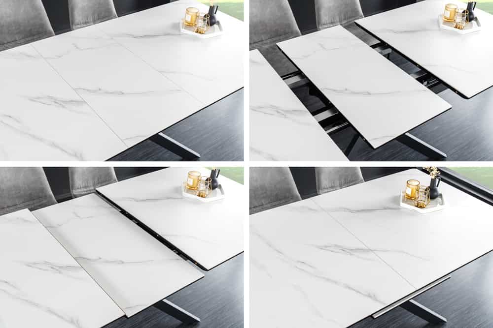 Ausziehbarer Esstisch ALPINE 160-200cm weiß Keramik Marmor schwarzes Metallgestell