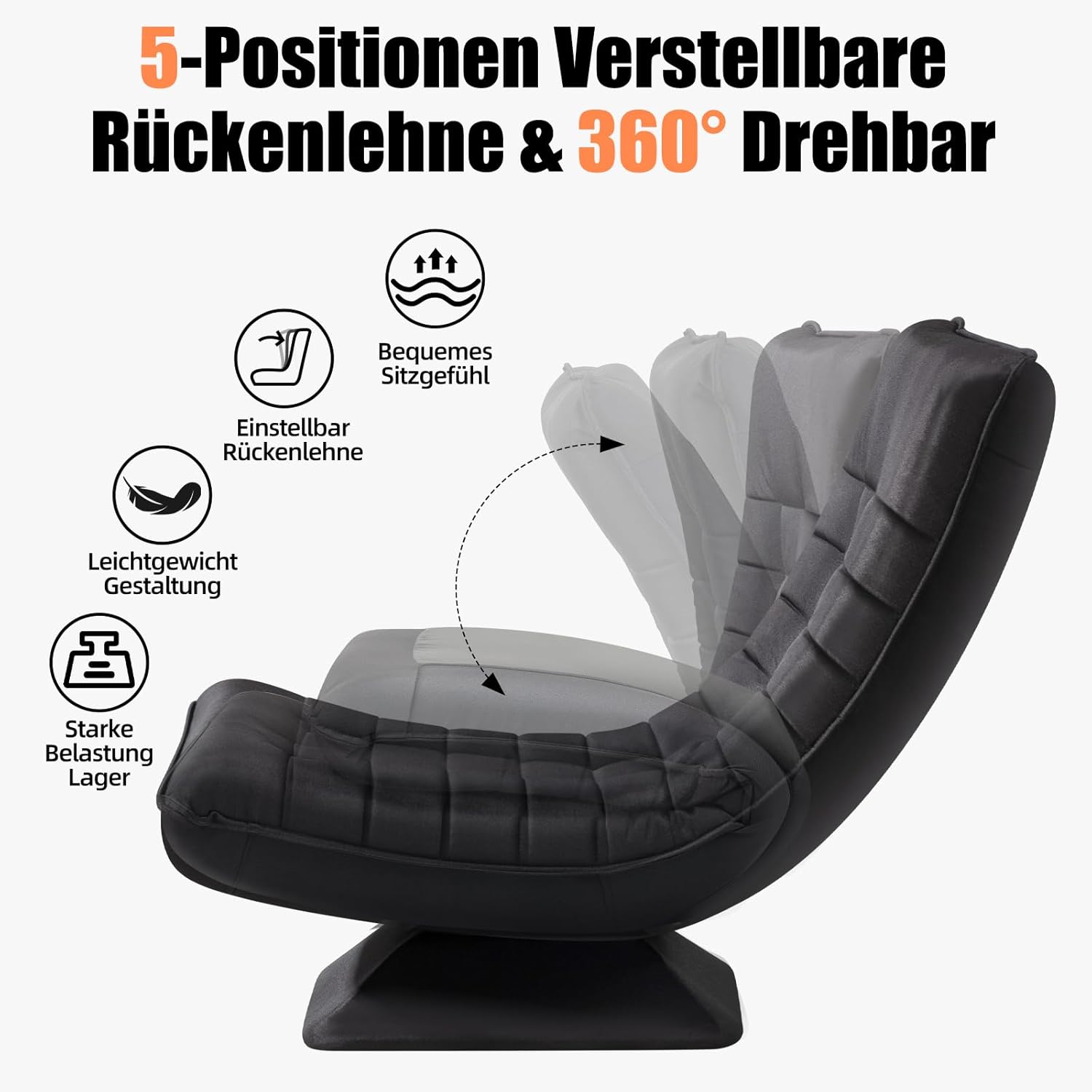 Sessel Wohnzimmer Verstellbare Rückenlehne, 360° Drehbar Leinen Bodenstuhl, Keine Montage Erforderlich Gaming Bodensofa Klappbar, 150kg Belastbarkeit Relaxsessel, Lesesessel, Schwarz