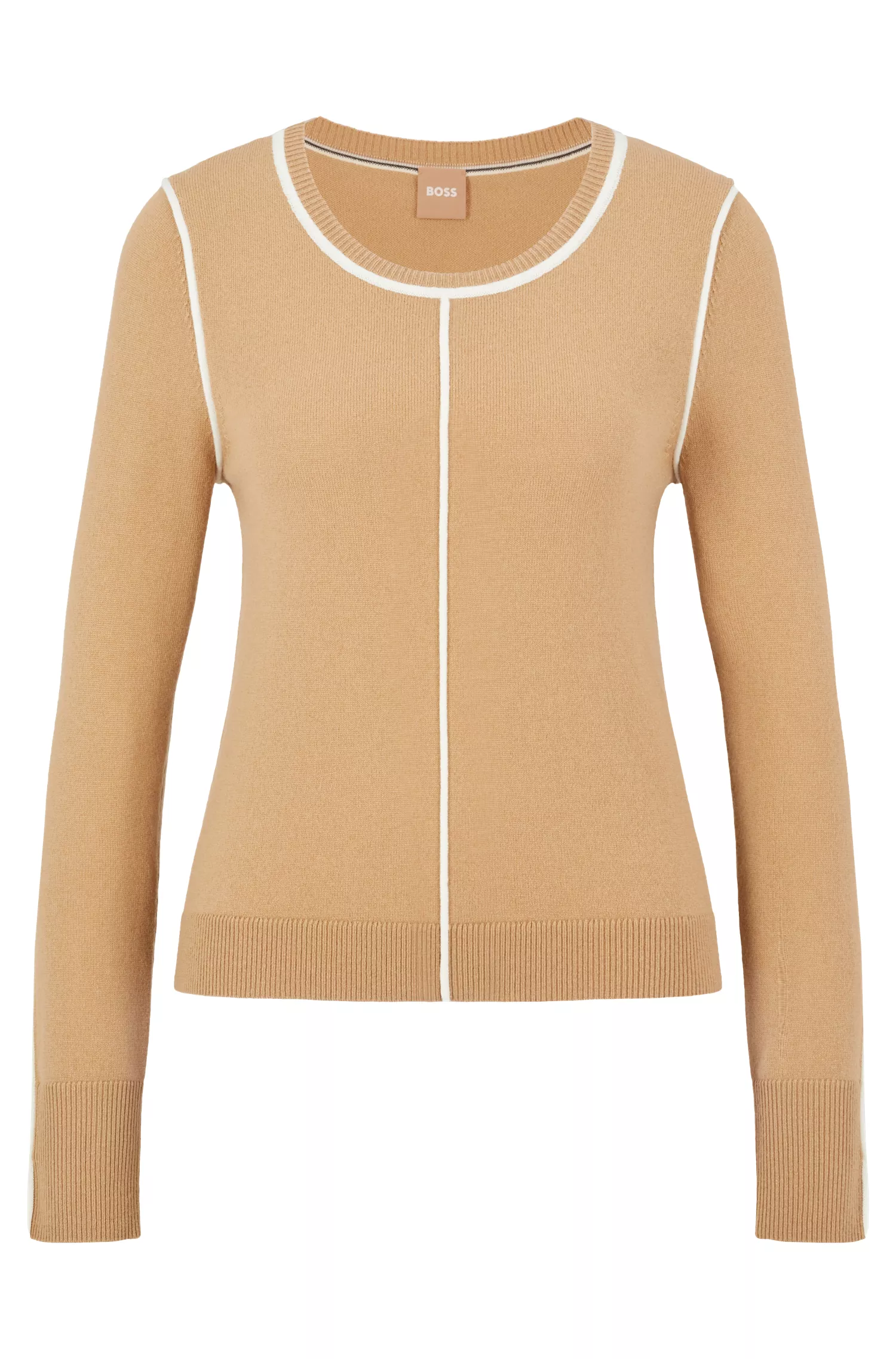 Suéter BOSS preto de lã e cashmere com modelagem regular e detalhes contrastantes.