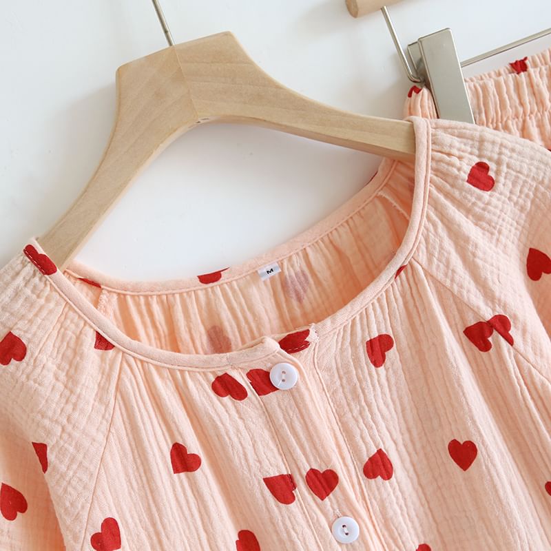 MelMount - Pyjamaset: Top met korte mouwen, ronde hals, hartjesprint en knoopjes + shorts met elastische taille