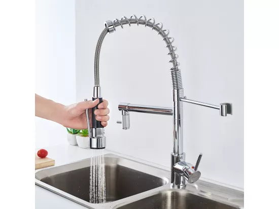 Mitigeur de Cuisine Chromé, Douchette Extractible à Deux Jets Robinet Cuisine Bec Haut Flexible Robinet d'évier en Laitone,Eau Froide/Chaude
