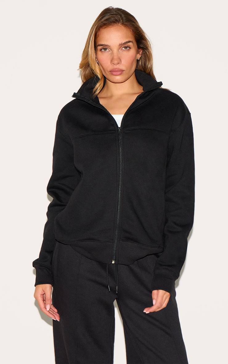 Noir Veste De Survêtement À Détails Nervurés Avec Fermeture Zippée
