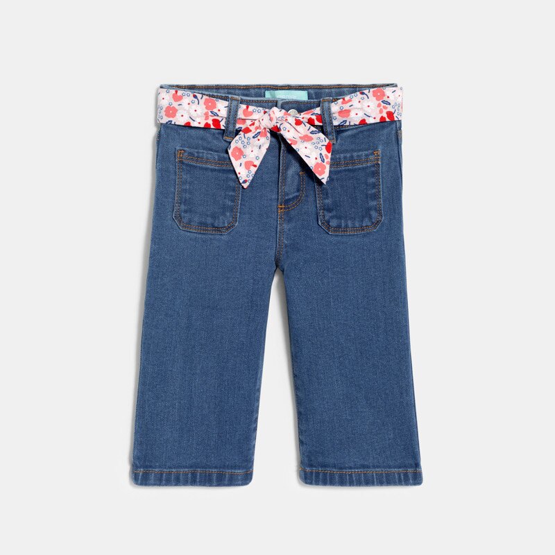 Pantalon large en jean ceinture fleurie denim bleu bébé fille Bleu