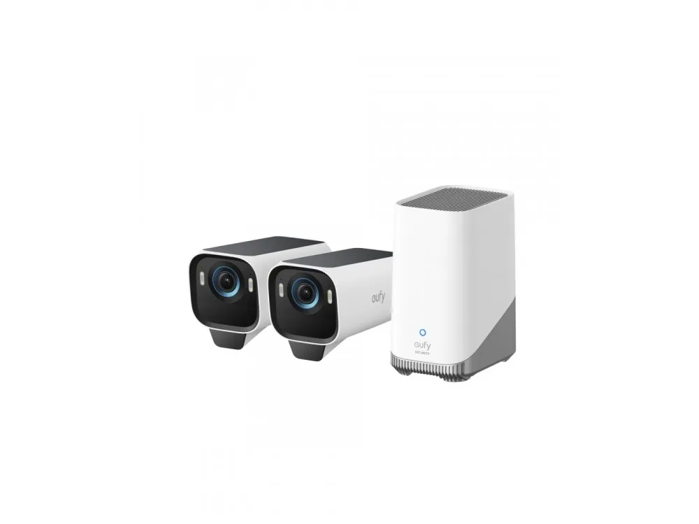 Eufy eufyCam S3 Pro - Netværksovervågningskamera - kugle - udendørs - vejrbestandig - farve (Dag/nat) - 3840 x 2160 - 4K, 1080p - audio - trådløs - WiFi - 2.4GHz radio - H.264, H.265 - med HomeBase S380 (pakke med 2)