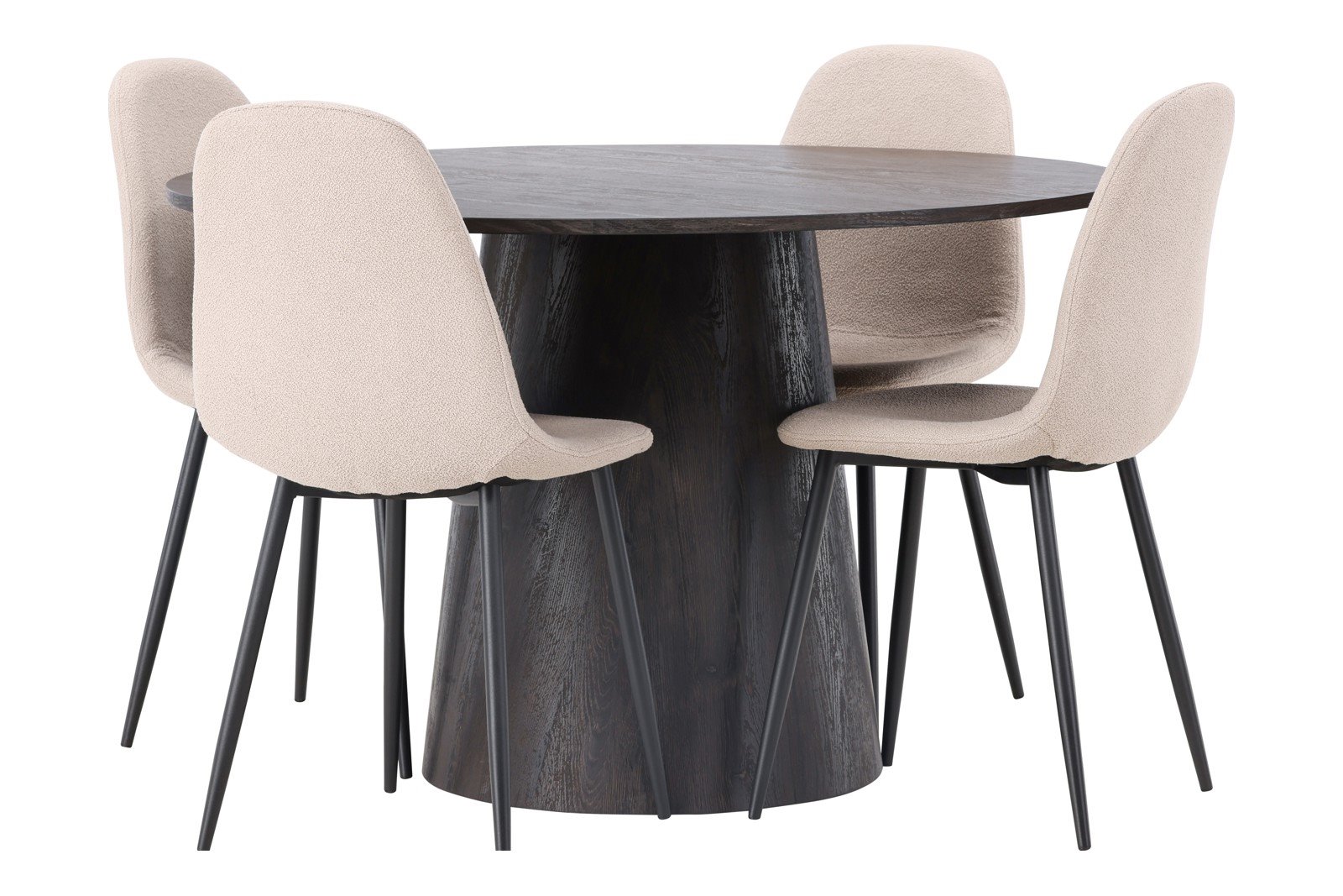 Lanzo og Polar Spisegruppe Lanzo rundt spisebord ø120cm i mocca med 4 stk. Polar spisestoler i Beige bouclé med sorte ben.