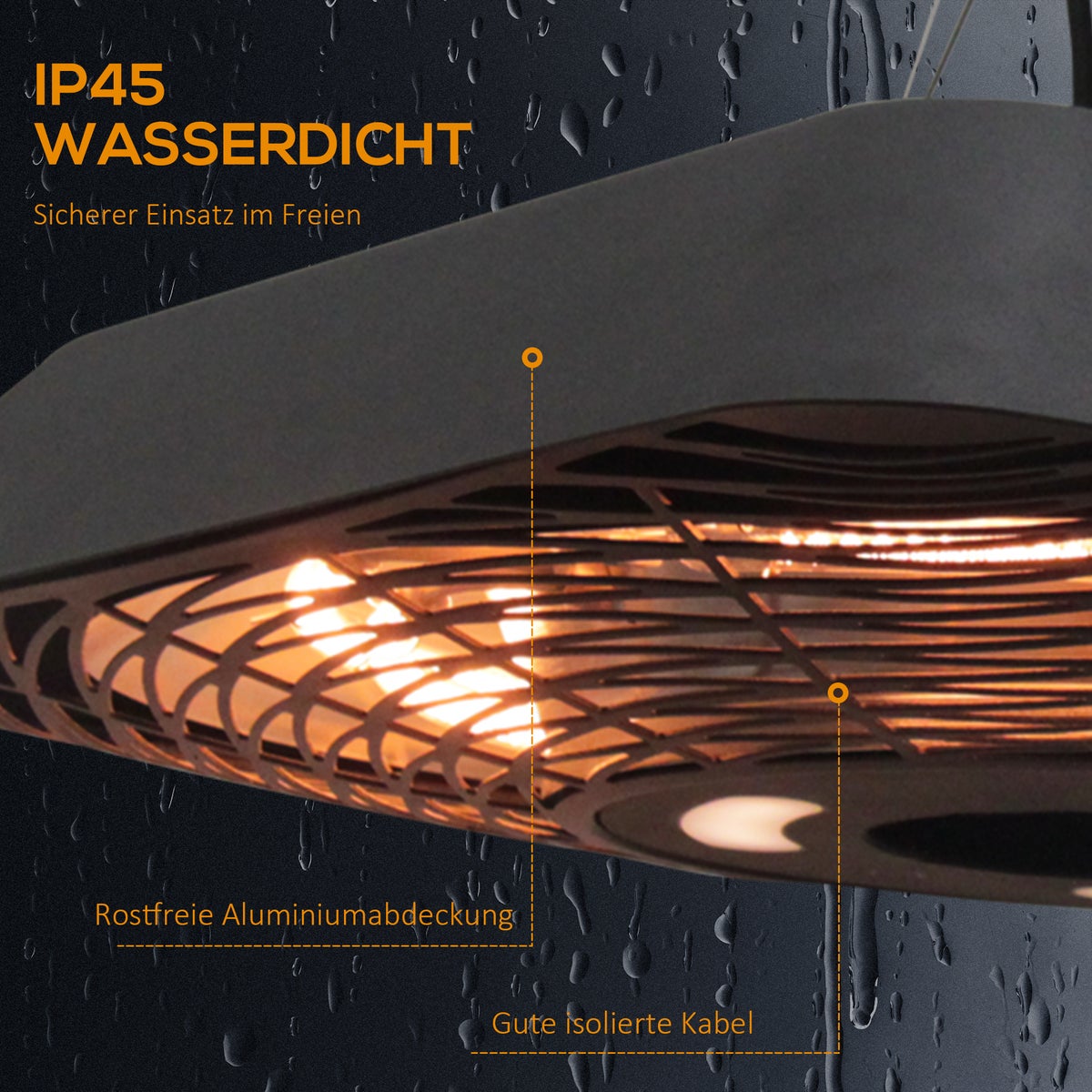 Outsunny Plafondinfraroodstraler 800W/1200W/2000W, 5 verwarmingsstanden, IP45, met afstandsbediening en ledlamp, 45 x 45 x 10 cm, aluminium, glas, zwart