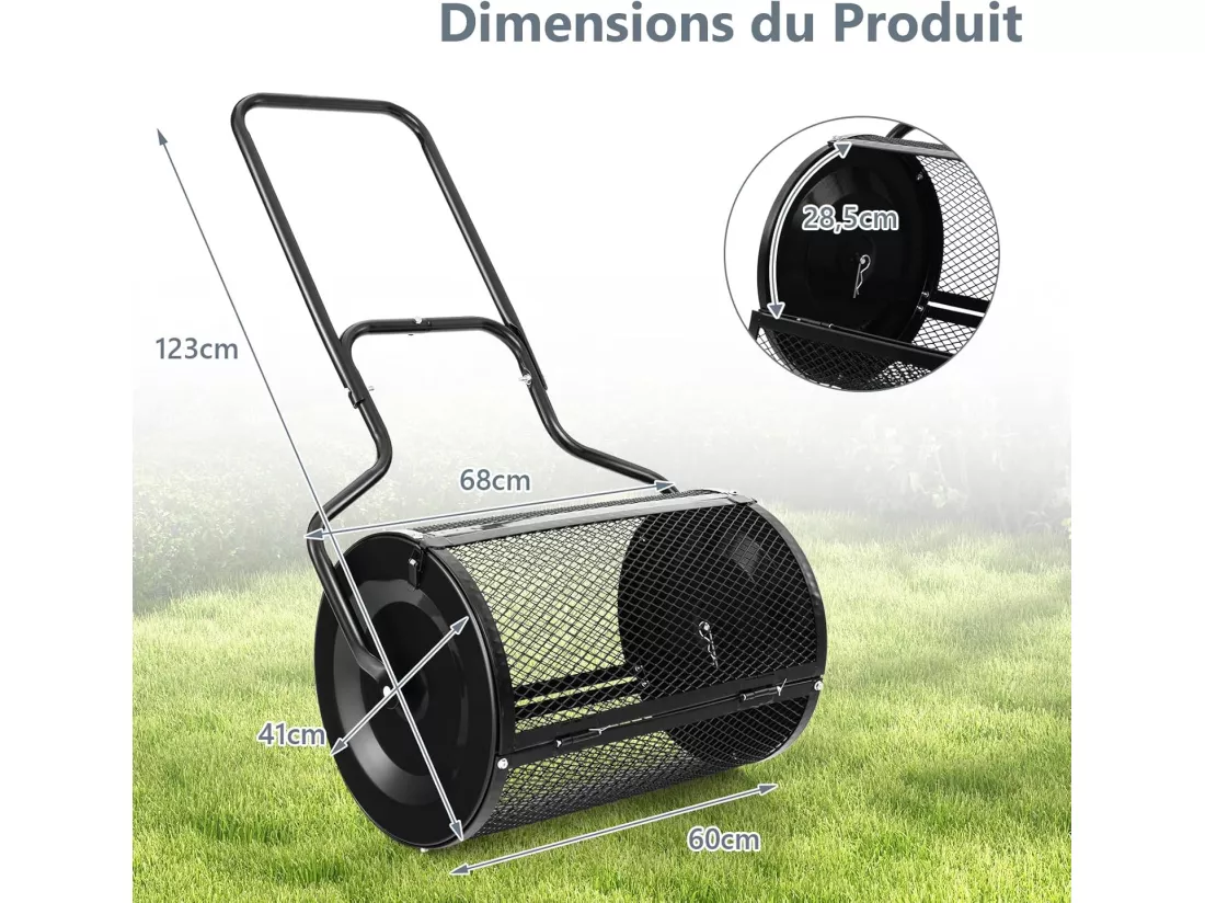 Épandeur à Compost de 60 cm Rouleau en Treillis Métallique, Épandeur de Gazon avec Poignée en Forme de ‘U’ Loquets Latéraux, pour Entretien du Jardin et Pelouse Noir