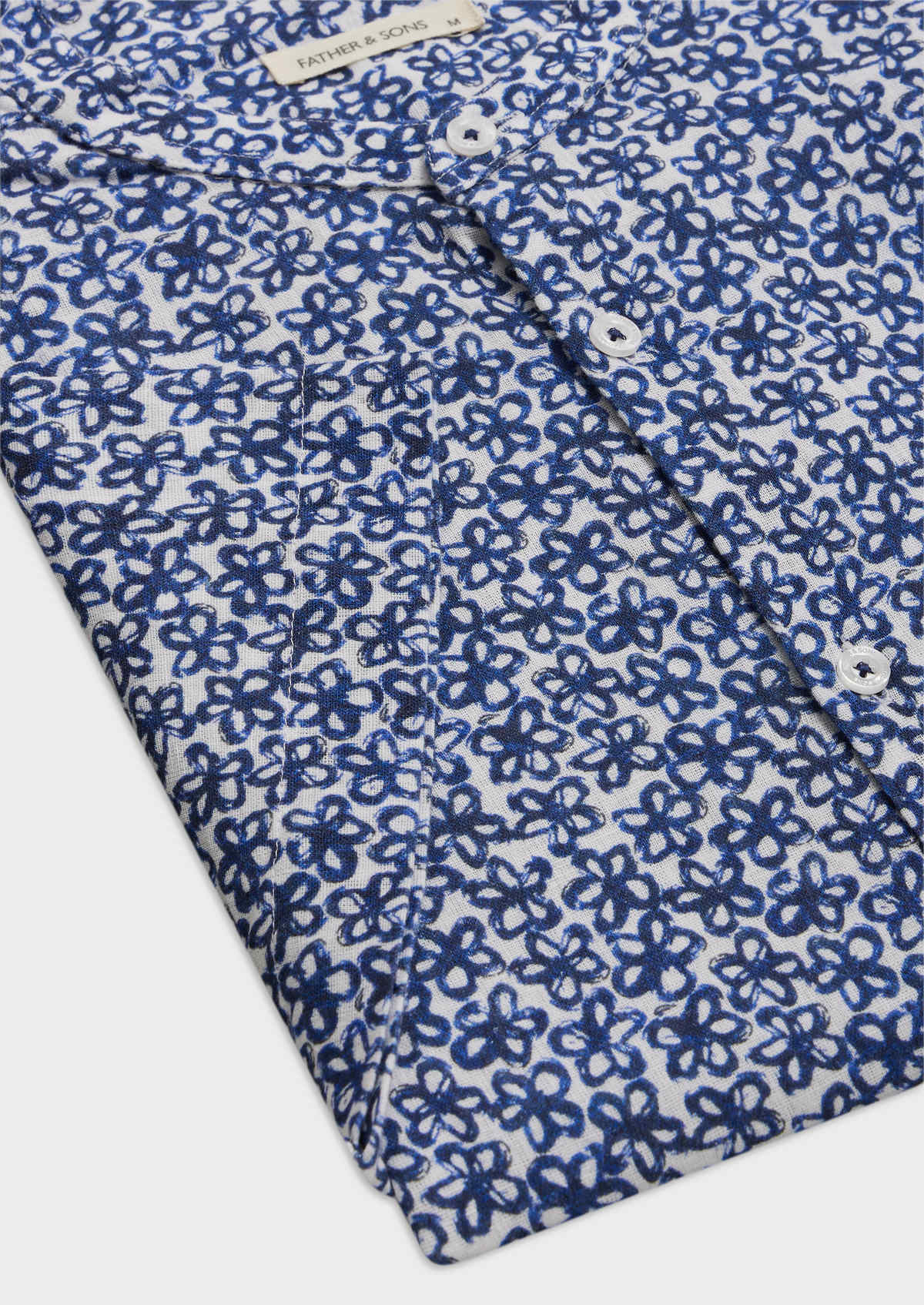 Chemise manches courtes Slim en popeline de coton et lin blancs à motif fleuri bleu à col officier