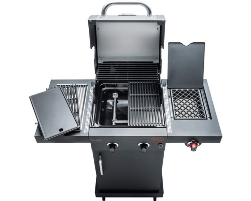 Char-Broil Professional Power Edition gasbarbecue met 2 branders, matzwart, inclusief opbergplank, dekselthermometer, geëmailleerde gietijzeren planchaplaat, vetopvangbak, grillrooster, uitklapbare zijtafel, zijplank, warmhoudrek.