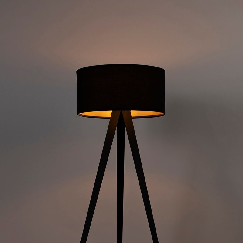 Vloerlamp zwart met kap zwart en gouden binnenkant - Ilse