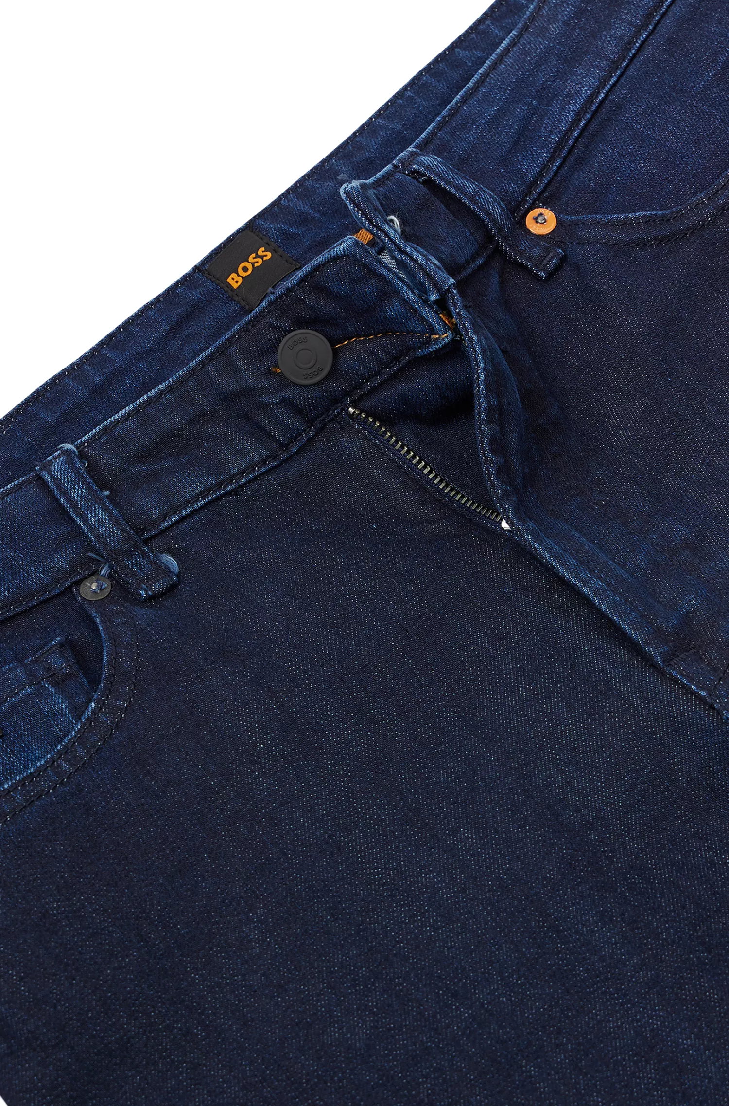 Calça jeans BOSS laranja, corte regular, em denim azul com elasticidade confortável.