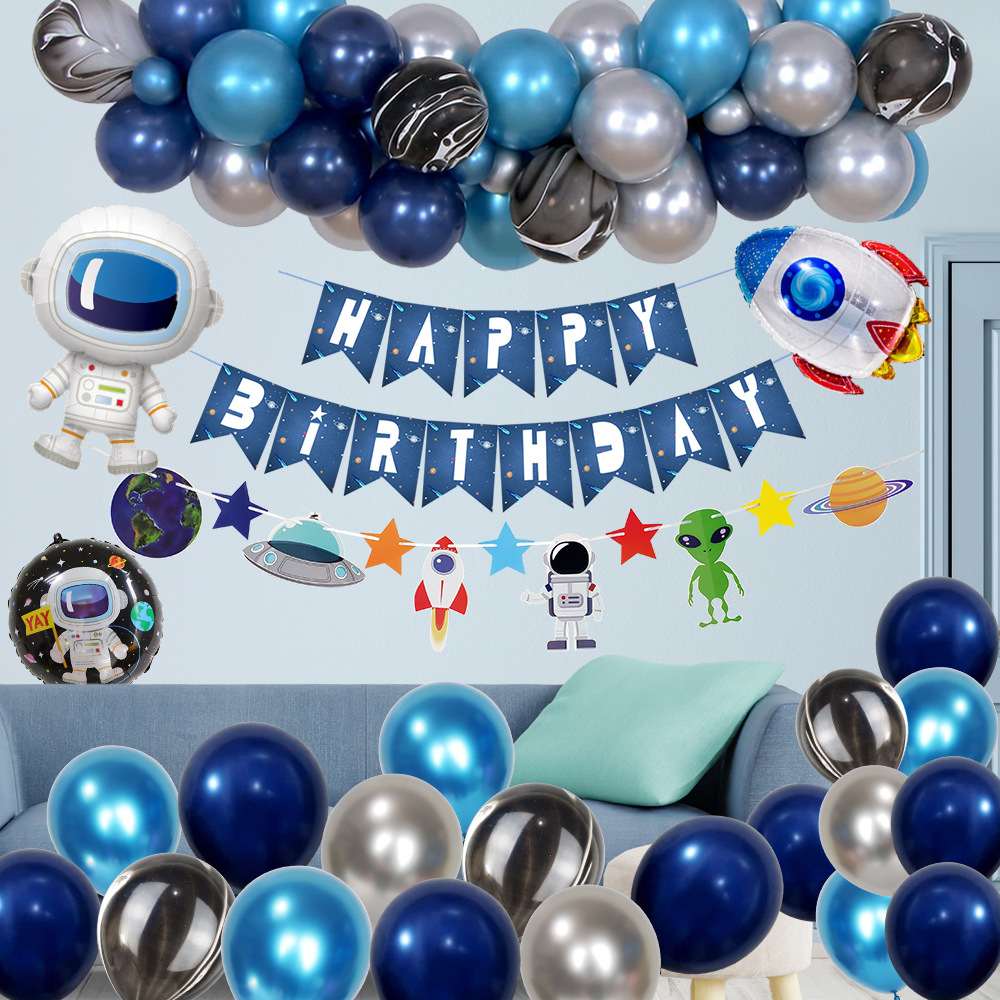 (52-tlg. Set) Happy Birthday Girlande Kinder Geburtstags Party Deko Astronaut   Latex- und Folienballons - Blau / Silber