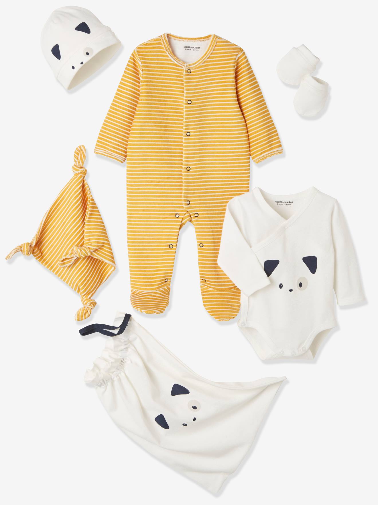 Conjunto para recém-nascido de 5 peças com bolsa e gatinho listrado em dois tons de azul escuro/multicolorido