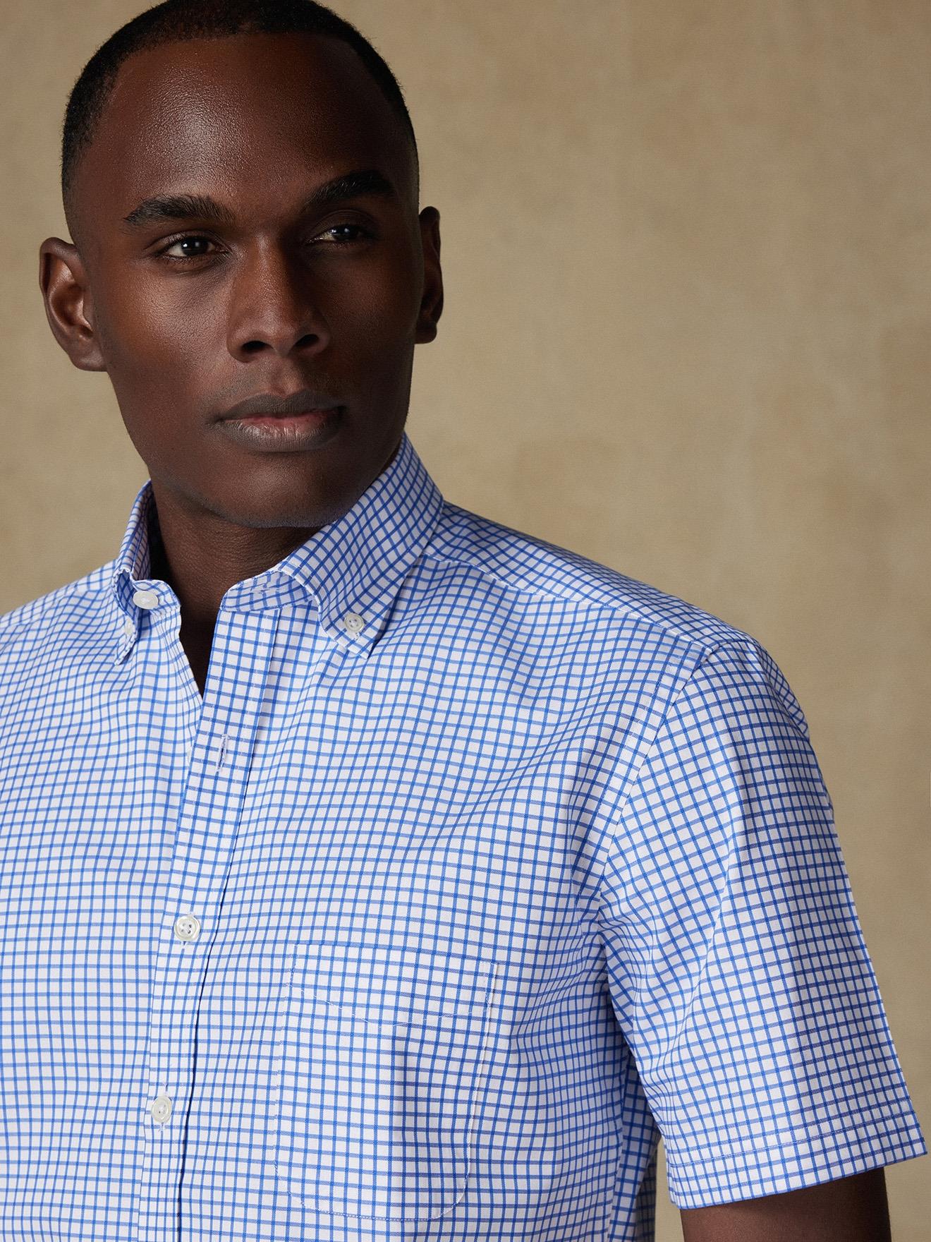Chemise manches courtes Carlton à carreaux bleus  - Col boutonné