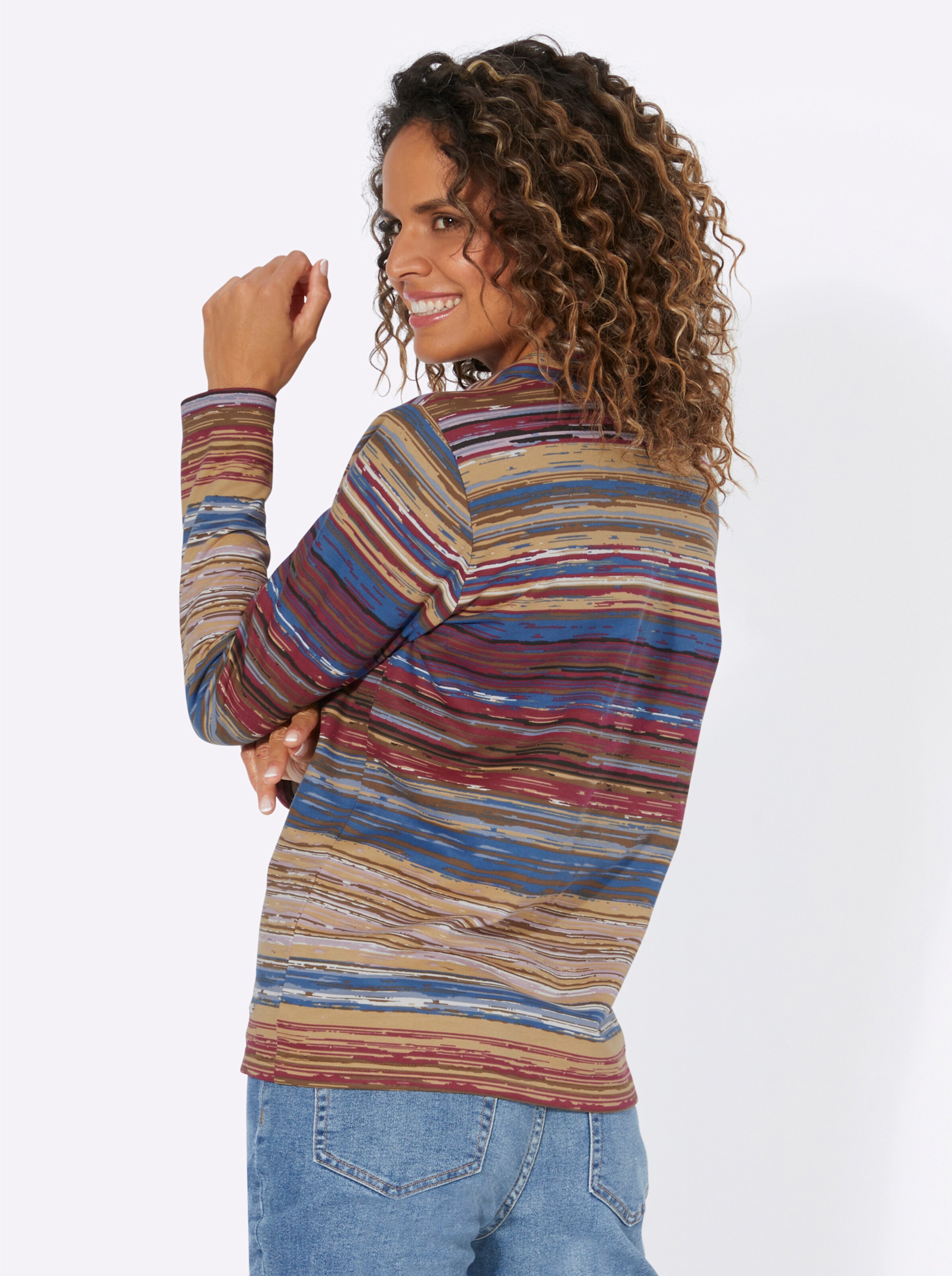 Stehkragenshirt in jeansblau-camel-geringelt