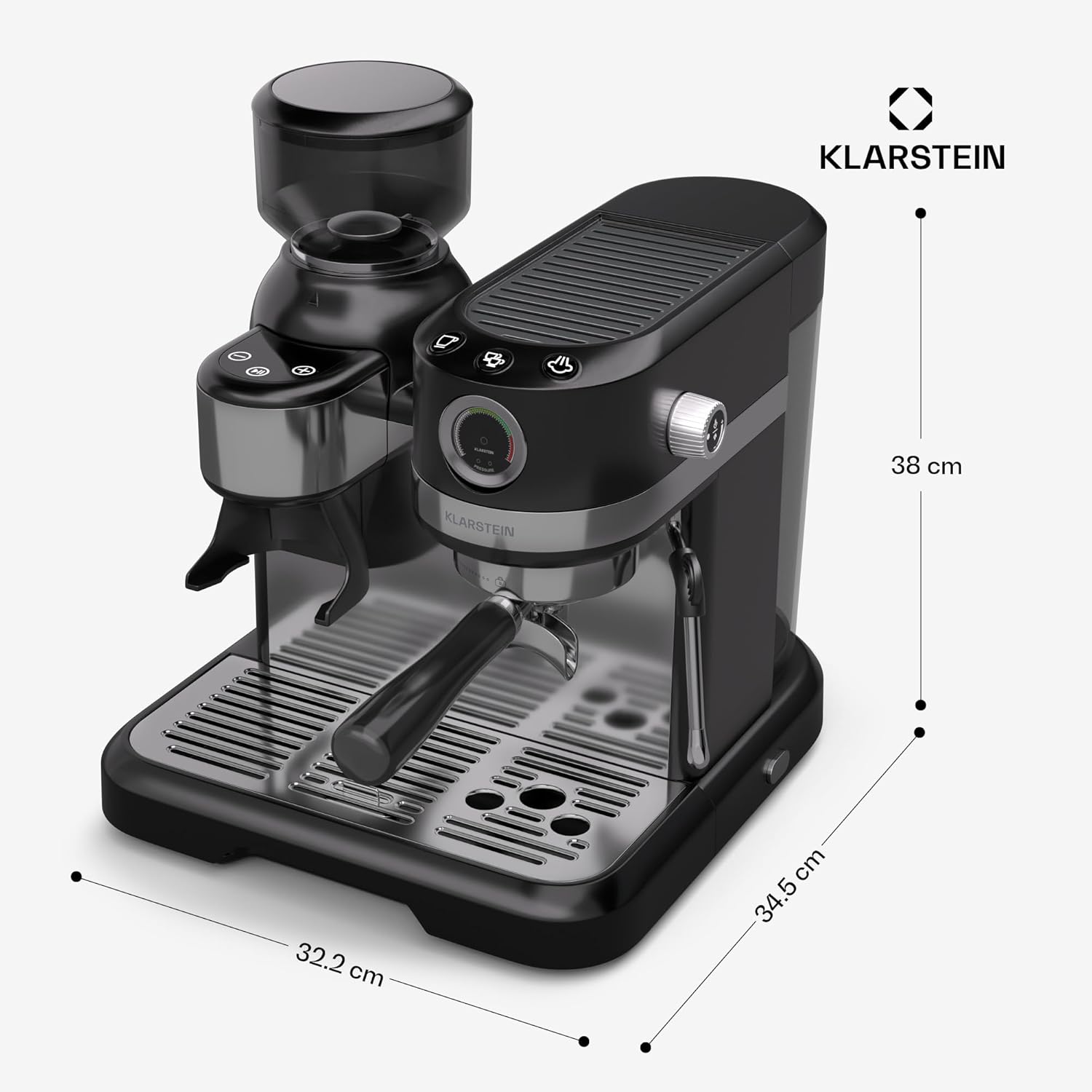 Klarstein Bella Café Siebträgermaschine Mit Mahlwerk – 19 Bar, 1.550 W, 1,4-l-Wassertank, Integriertes Kegelmahlwerk, Milchaufschäumer, 2 Tasseneinsätze, Thermo-Block, Schwarz
