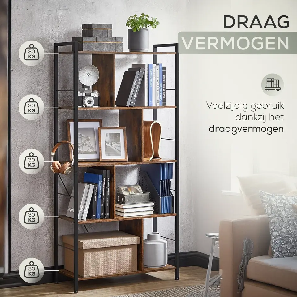O'DADDY Industrieel Boekenkast - 74x30x150cm - Vintage Bruin/Zwart Metaal