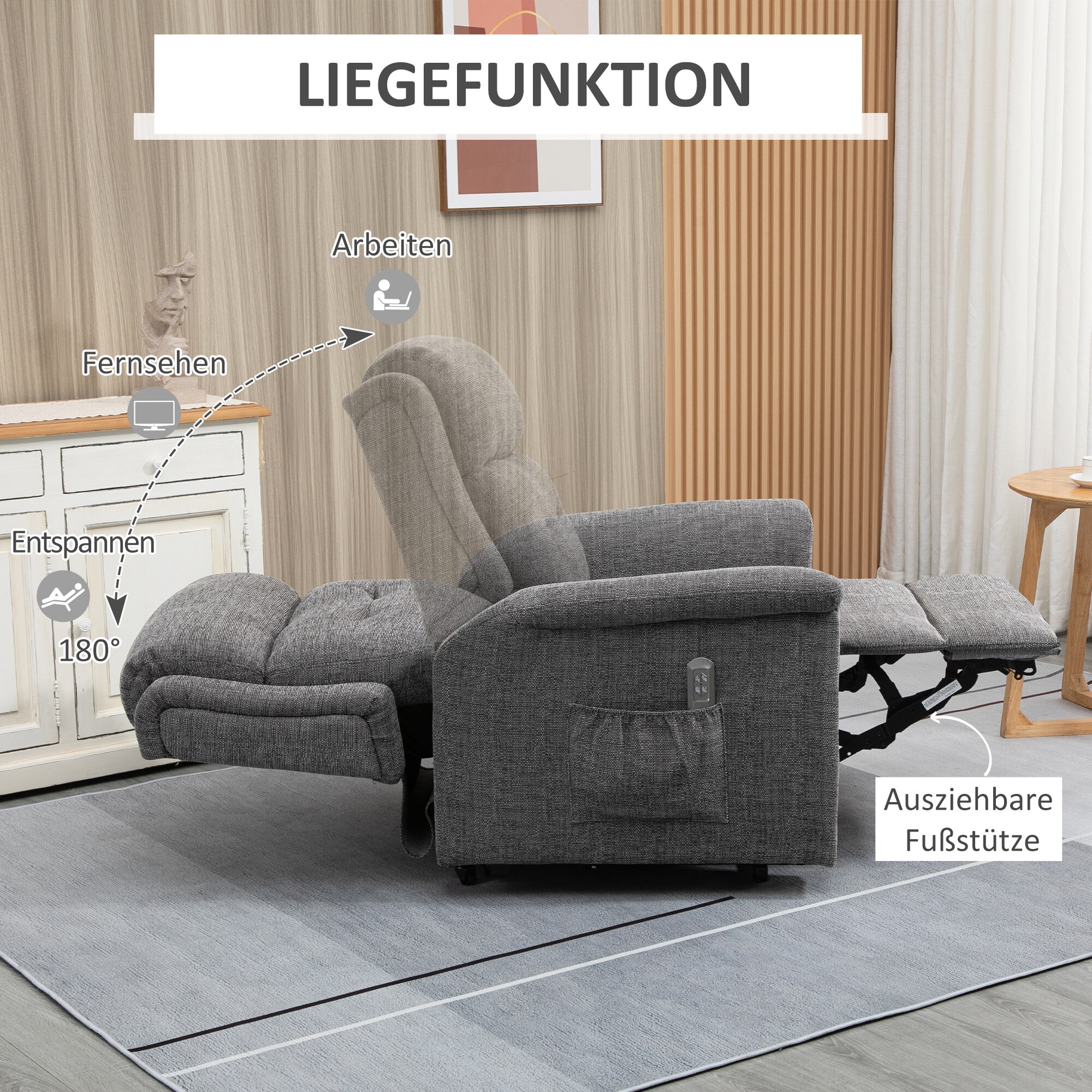 HOMCOM Aufstehsessel mit Seitentasche grau 89L x 96B x 108H cm